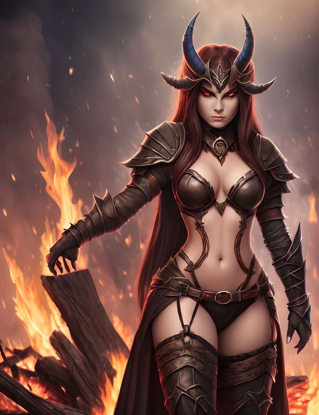 **uglee woman, mid 20, view Full body, with shadow armor realistic, red eyes, devil horns.4k, in to the fire** --auto --s2