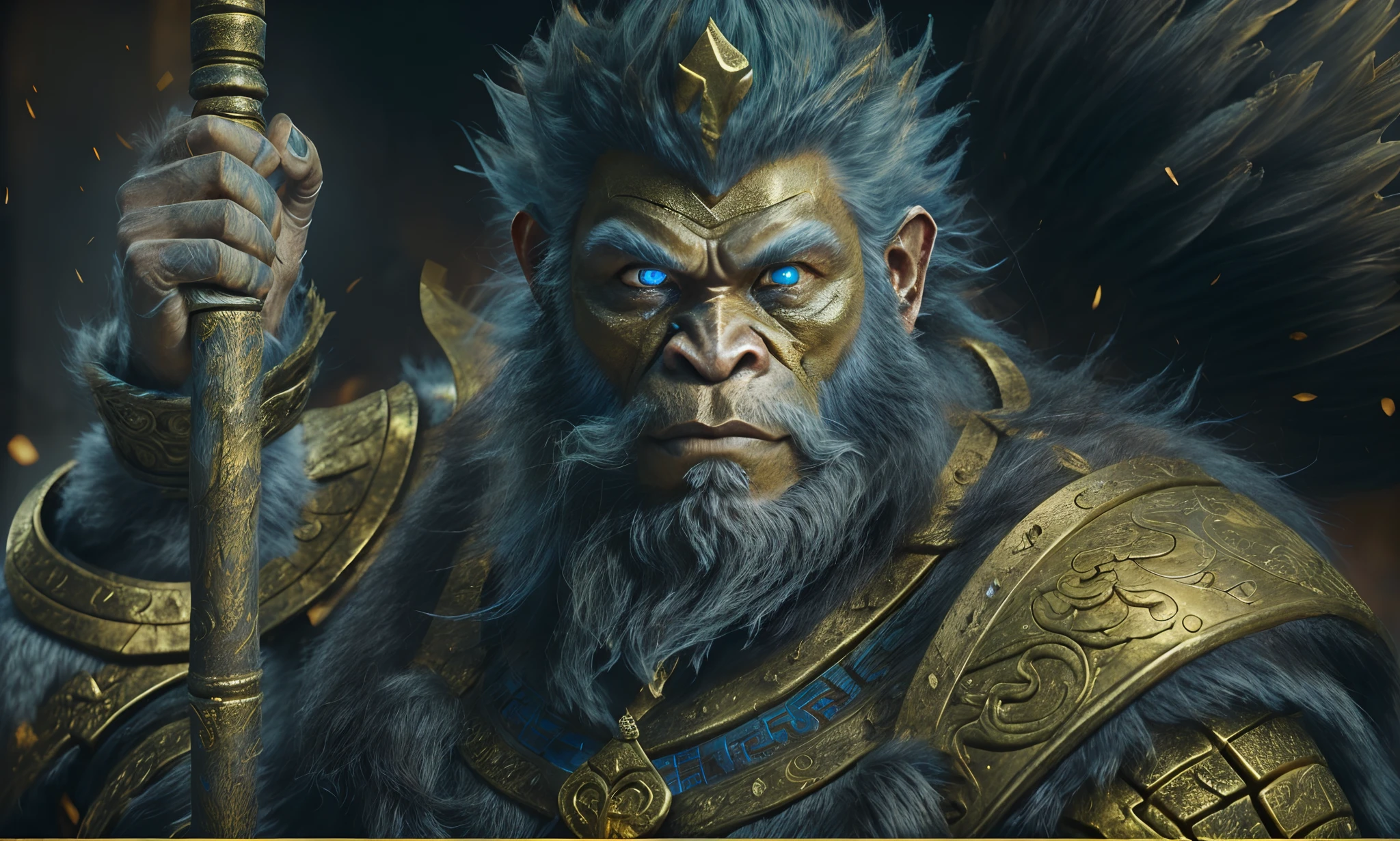 ((With a golden stick,Rotate the texture))，（Monkey transforms into bearded man ，golden yellow hair，））, mito，dream magical，(（(Light exposure）))，((marmoset render，Golden hair，)), Wukong, unreal engine character art, Son Goku, 4k concept art and hyper realism, hyper-detailed fantasy character, cgsociety uhd 4k highly detailed, 3 d ape shaman profile portrait, Rendu portrait 8k, 8 k cg render,((dark aesthetic))),Ancient Chinese armor，The eyes glow blue light,Hold a stick in your hand,Monkey's face,火焰