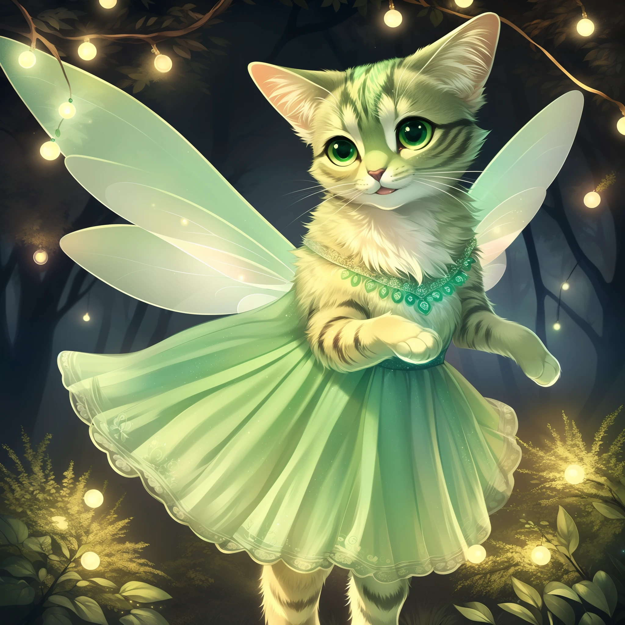 kallie, cat anatomy, feral, anthropomorphic, standing on hind legs, flying, in a magical forest, at night, fairy lights, wearing green fairy dress, elegant fairy wings, smiling, glowing green eyes, highly detailed, by fumiko, by hyattlen, cute paws for hands, paws, good cat anatomy, realistic:1.1