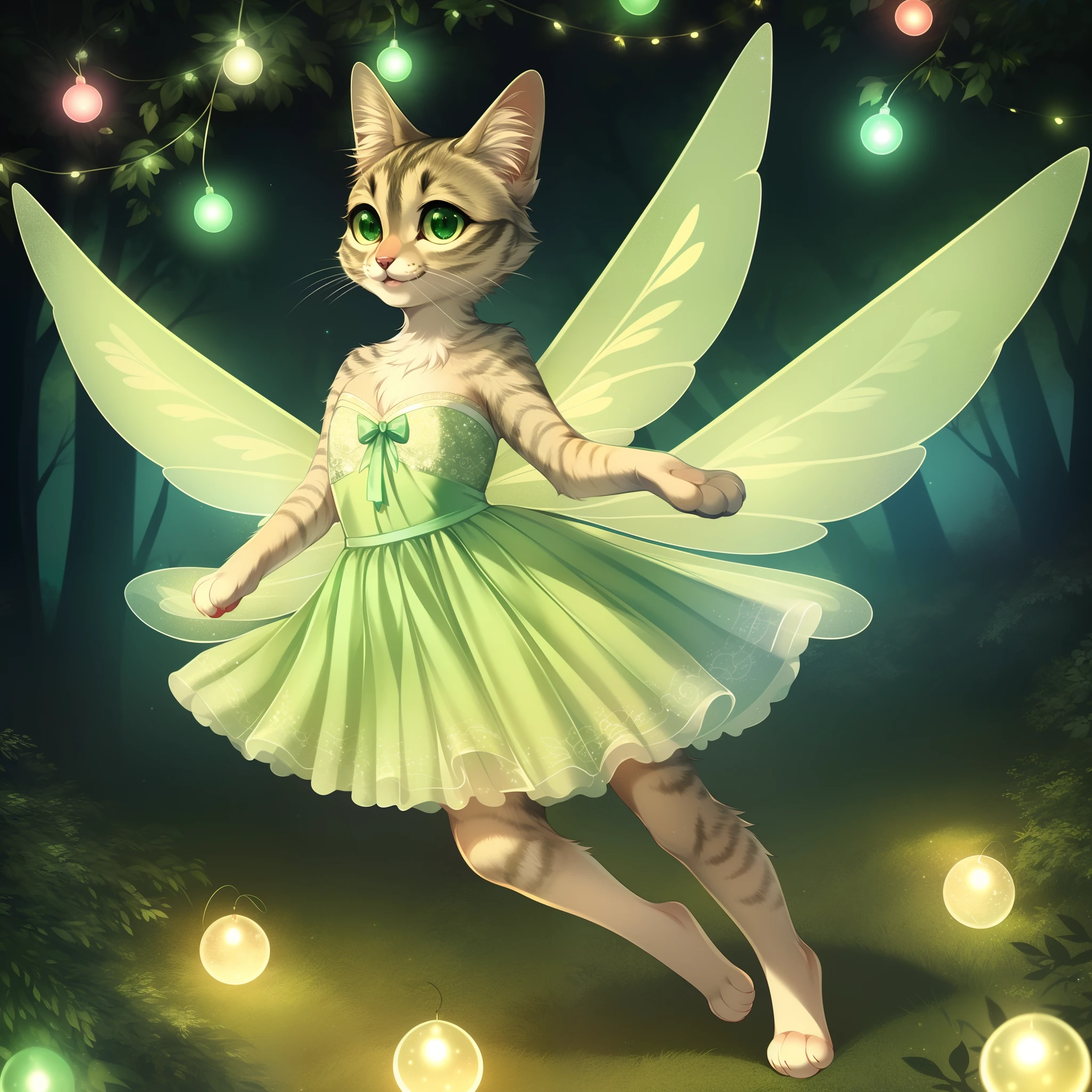 kallie, cat anatomy, feral, anthropomorphic, standing on hind legs, flying, in a magical forest, at night, fairy lights, wearing green fairy dress, elegant fairy wings, smiling, glowing green eyes, highly detailed, by fumiko, by hyattlen, cute paws for hands, paws, good cat anatomy, realistic:1.1