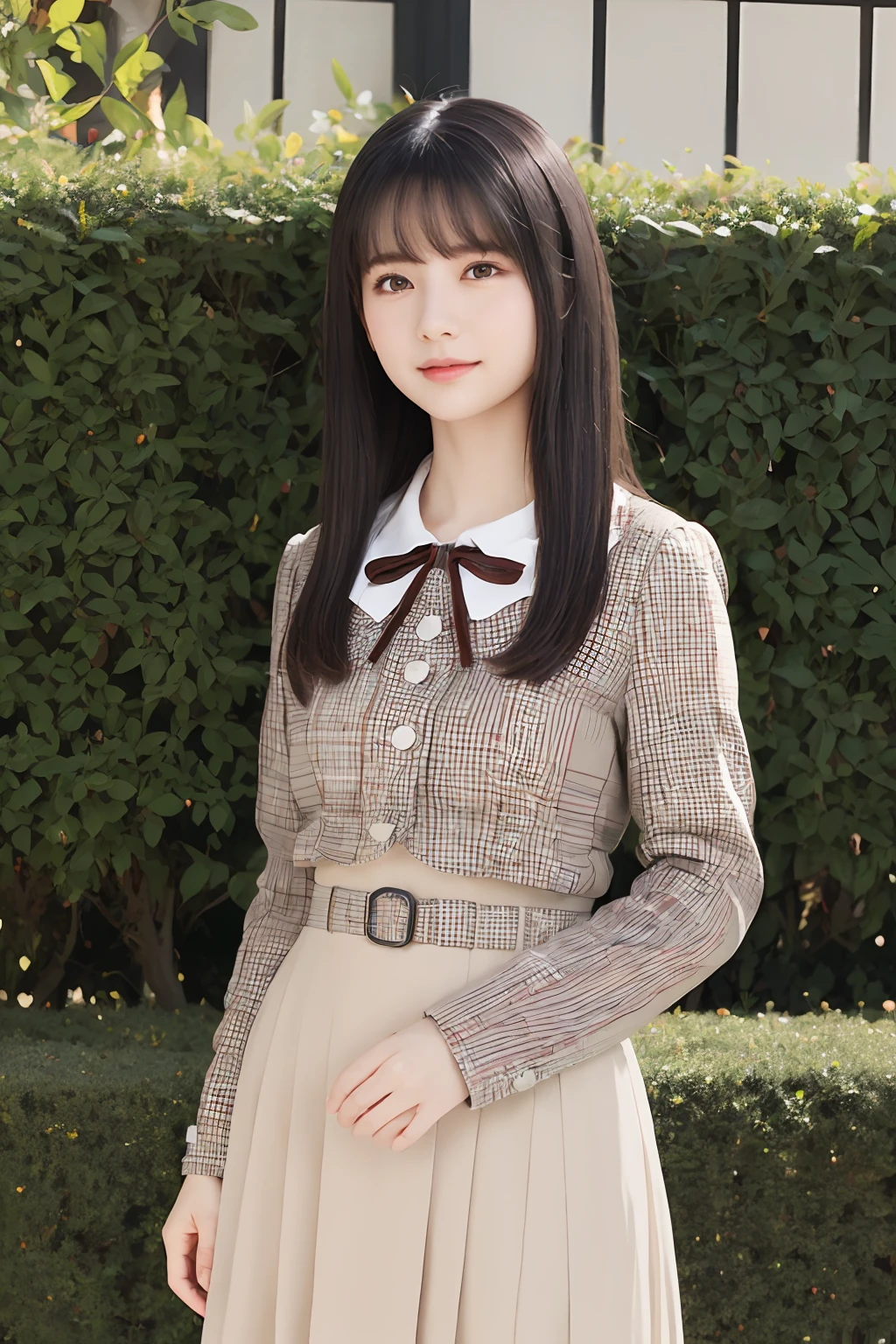 masterpiece, best quality, 1girl, nogizaka_costume, cowboy shot, thighs, beautiful girl, flowers, many small petals, garden, blue sky, looking at viewer, small waist, official art, raw photo, incredibly absurdres, facelight, dynamic lighting, cinematic lighting, ultra realistic, highres, photography, sharp focus, highest detailed, extreme detailed, ultra detailed, finely detail, extremely detailed eyes and face