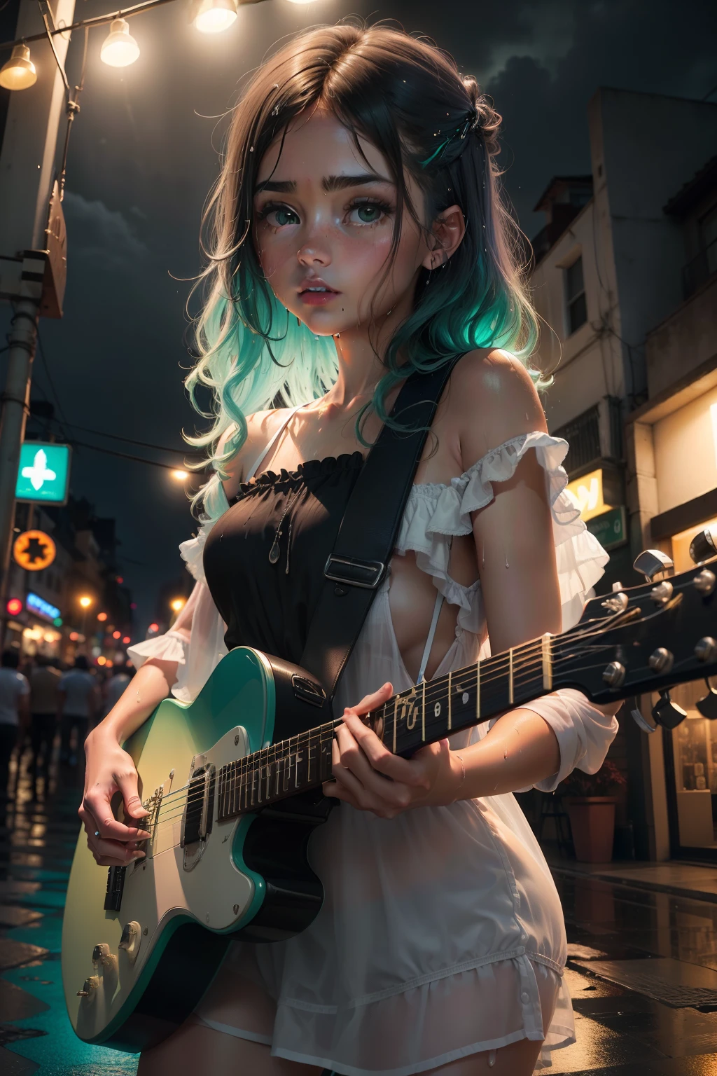 ((Obra maestra, La mejor calidad)), cara bien definida, ojos muy bien hechos, 1girl, medium-sized chest, desnuda,((Bragas blancas)), ((electric guitar)), ((tocar la guitarra)), Sosteniendo la guitarra, cabello mojado, cabello verde, ((Wet)), Calle de la ciudad, ((lluvia)), ((Noche)), Neon lights, Rascacielos, muchedumbre, gente, Closeup, Vista gran angular, De color, vivid colors, Green electric guitar in the hands