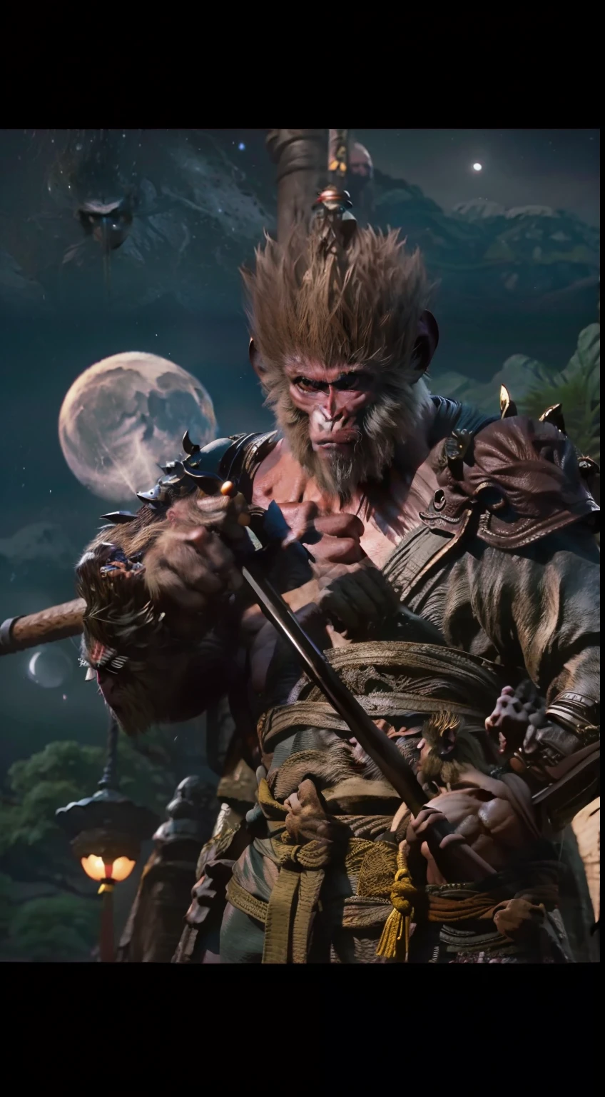 monkeys，Chinese big breasts《Journey》The protagonist in ，Monkey king，Holding an iron rod，Dark style，The background is a moonlit night，shadow of the tree，themoon