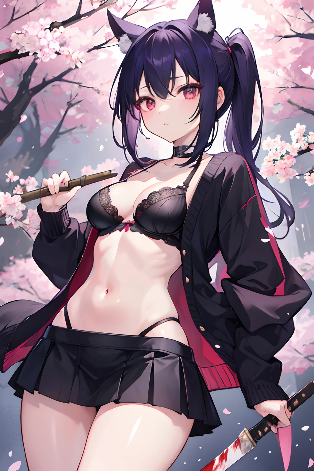 1girl in、nightcity、Great body、Great legs、Comes a cardigan over a bra、A dark-haired、Holding a weapon with blood on it、Looking at the camera、Cherry blossoms are dancing、poneyTail、Niō Standing、Holding a knife、Pointed mouth、Ordinary girl、Stick out the body、a miniskirt、