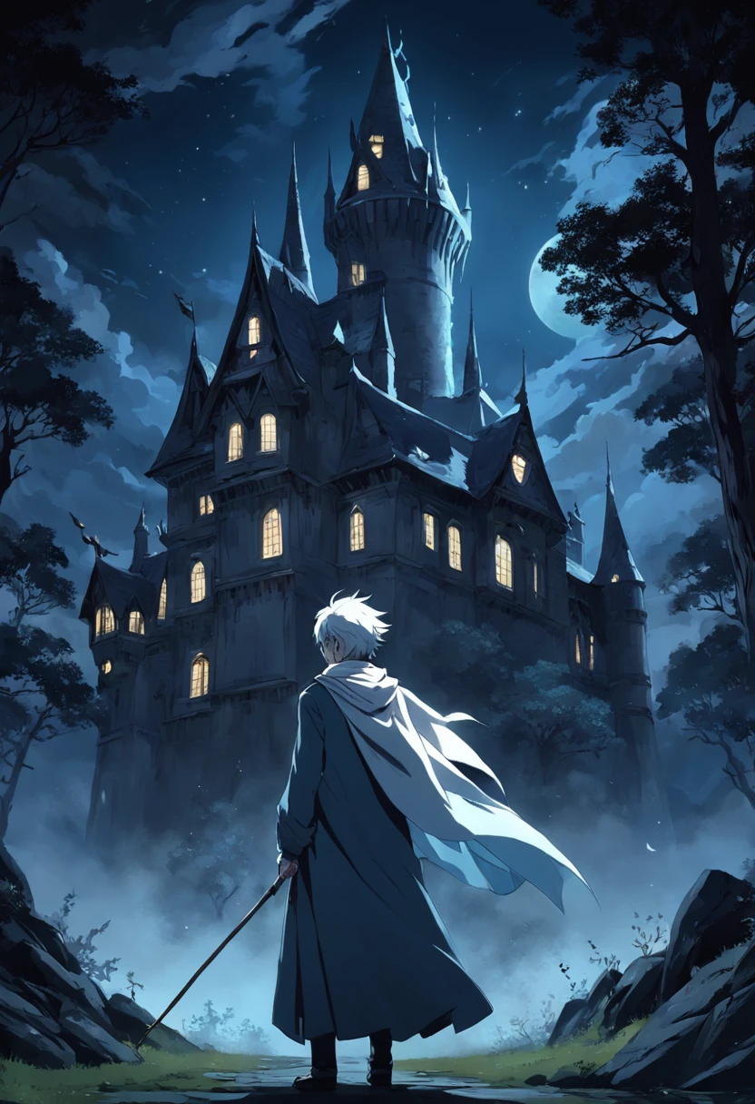 darkly, The old Victorian house stands alone in the moonlight,The color is bright，dark night background，Men around 12 years old，White color hair，Light blue eyes，long white robe，Castle at the back，Harry Potter style wizard，Tender，apathy，There was a Harry Potter-style threaded staff in his hand