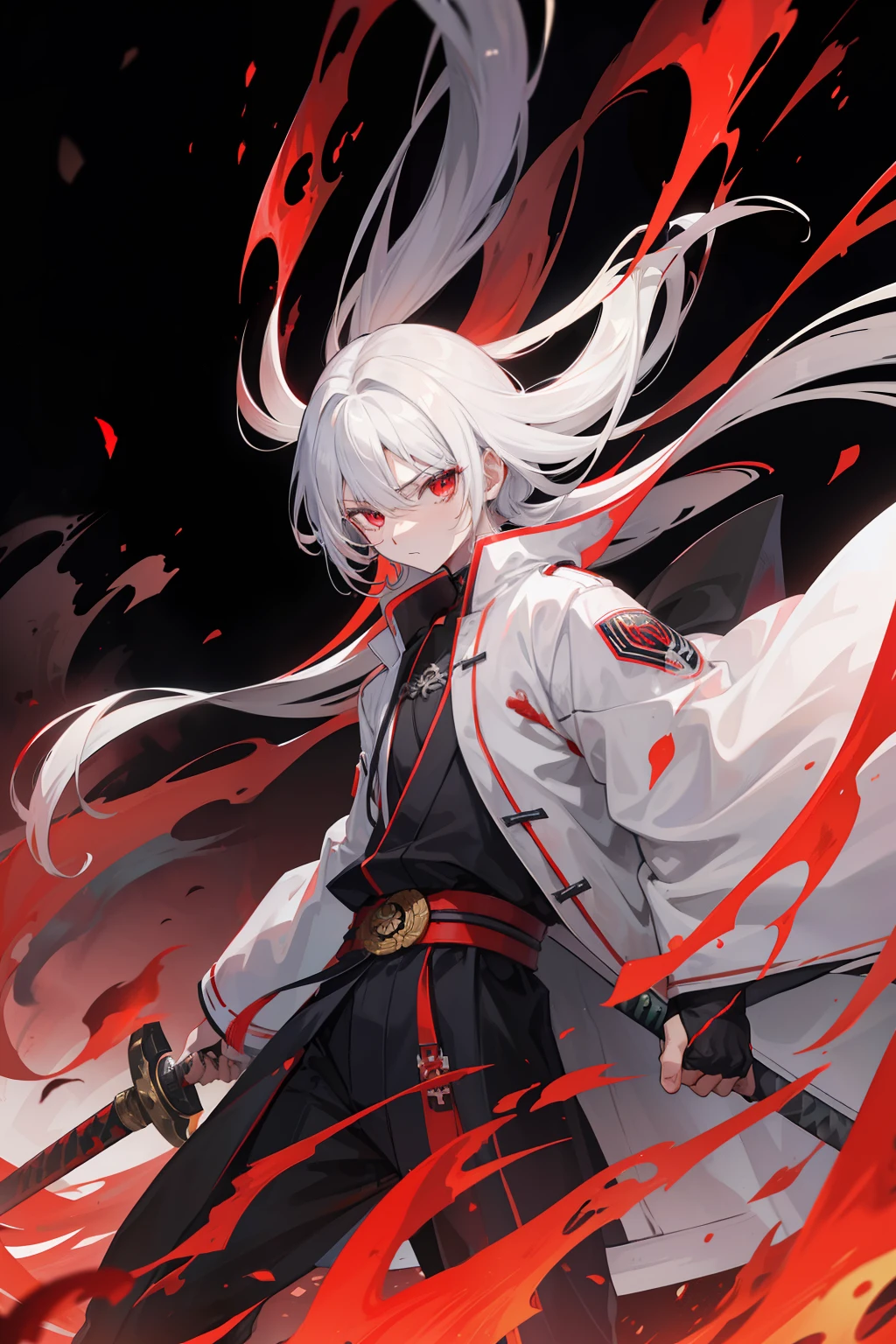 cabelos preto e longos,Red-eyed age man,Stand on an empty street at night,extreme hight detail,White jacket,Black Hakama,Aoba Ori,Holding a huge blood-colored weapon in one hand,A Japanese style,Intimidating,Engulfed in flames、Sword