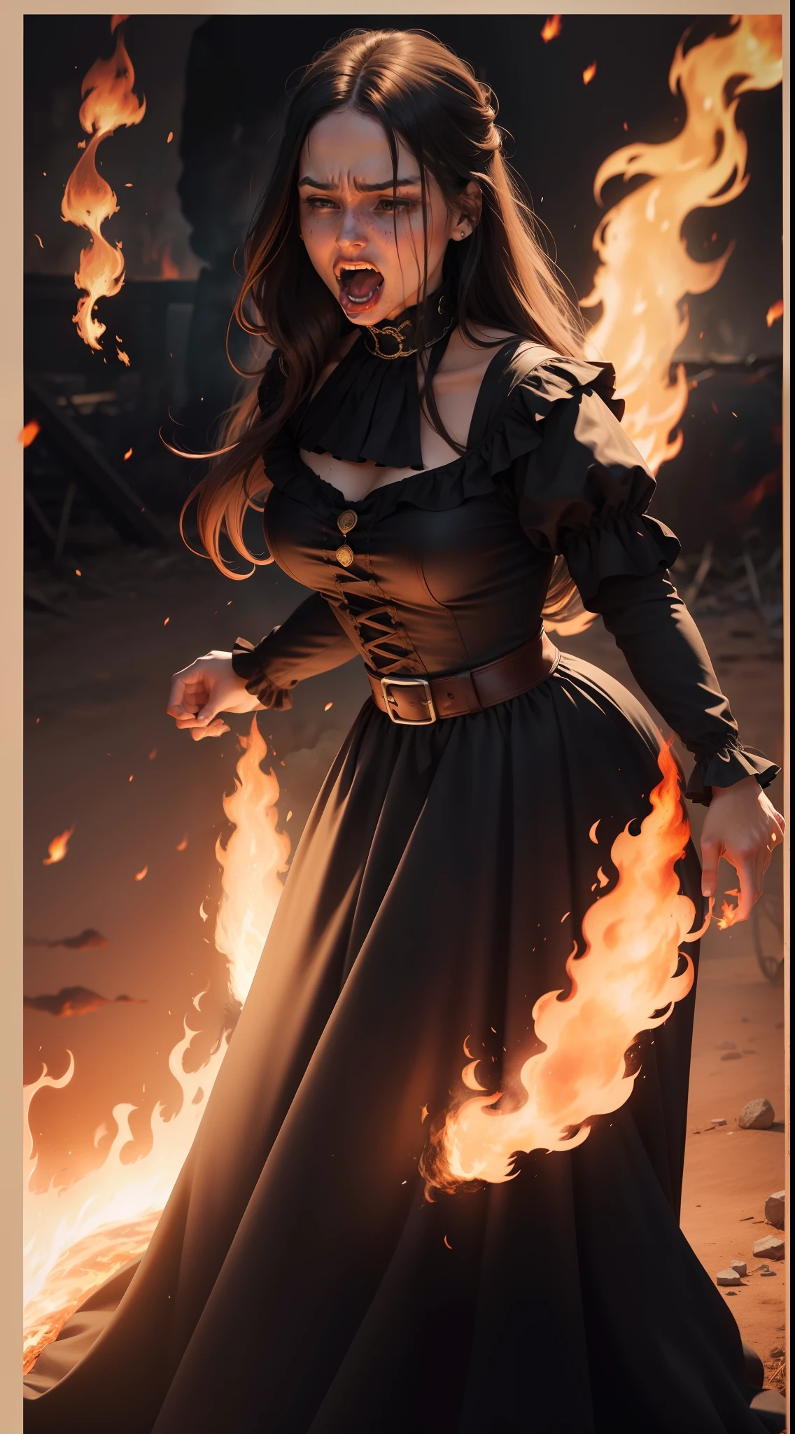 American woman, lots of fire, fire, on fire, burning at the stake, a lot of flames, clothing on fire, burning, screaming, TEETH, WIDE MOUTH, TORTURE, long dark hair, black dress, 1600s