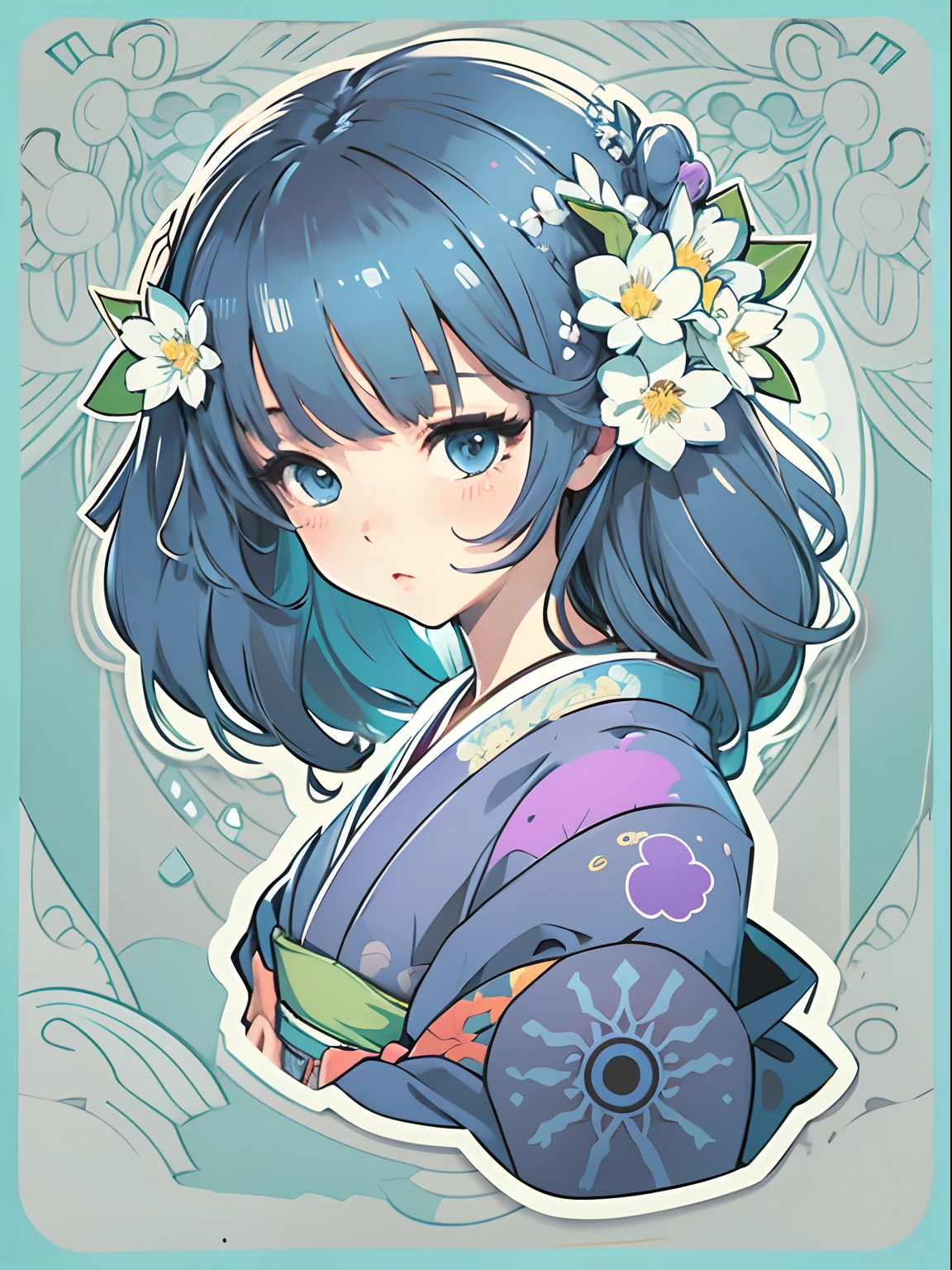 sticker, cute anime girl head, longhair style, wearing violet blue kimono, geisha in circle, white Background, Bright blue, Simple, Ultra Detailed, Detailed Drawing, Vectorization, Silhouette, 8k, professional sticker design, flat design, vector lines, sticker, drawing, Drawing, Full HD