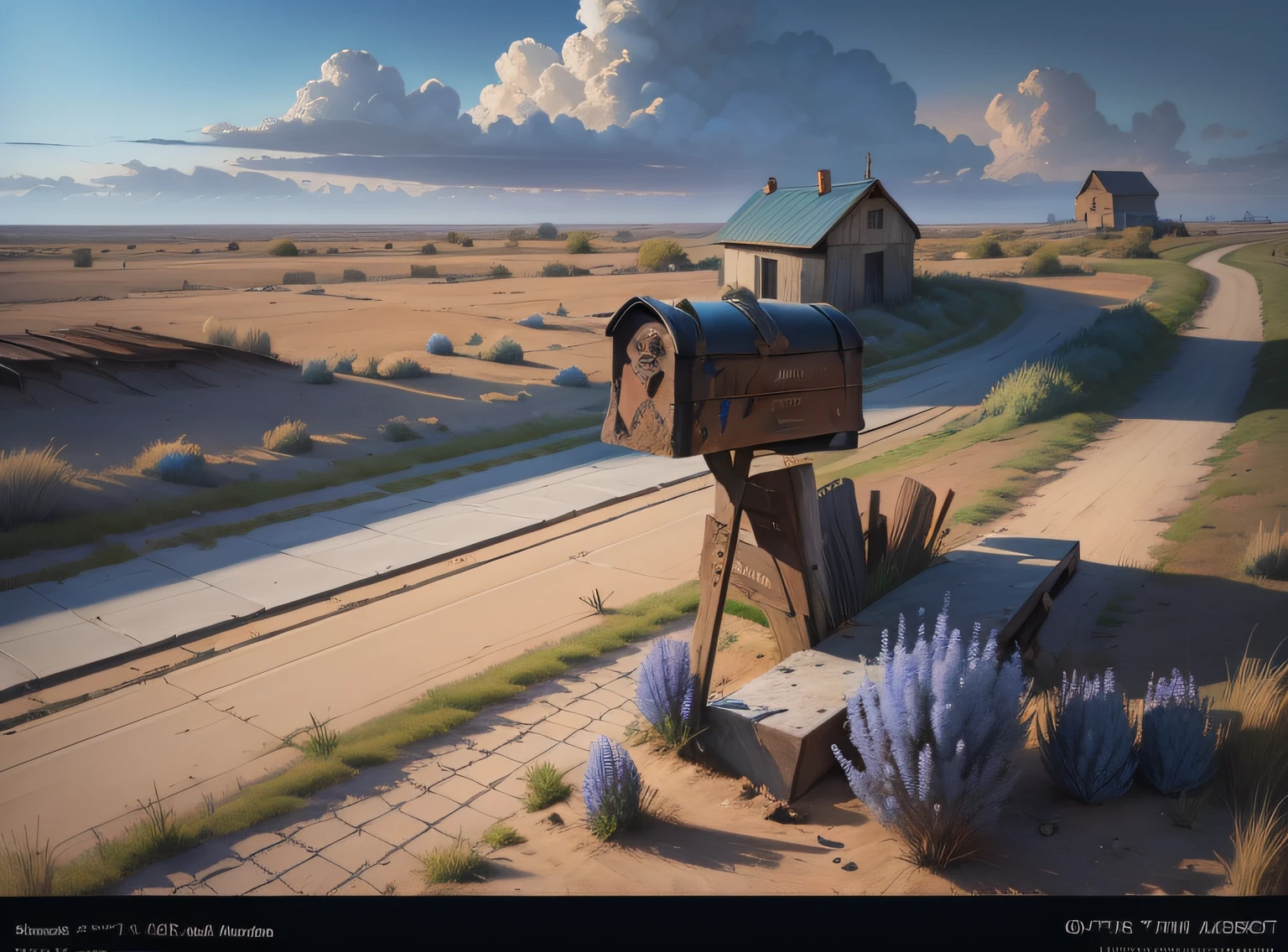 (western bluebird painted on an old rusty mailbox in Trompe l'oeil art style), in a dry abandoned field of old farm house, the bluebird is painted al a Trompe l'oeil style, 24k resolution, hyperdetailed, photorealistic artistry, mailbox is laying on the ground discarded.