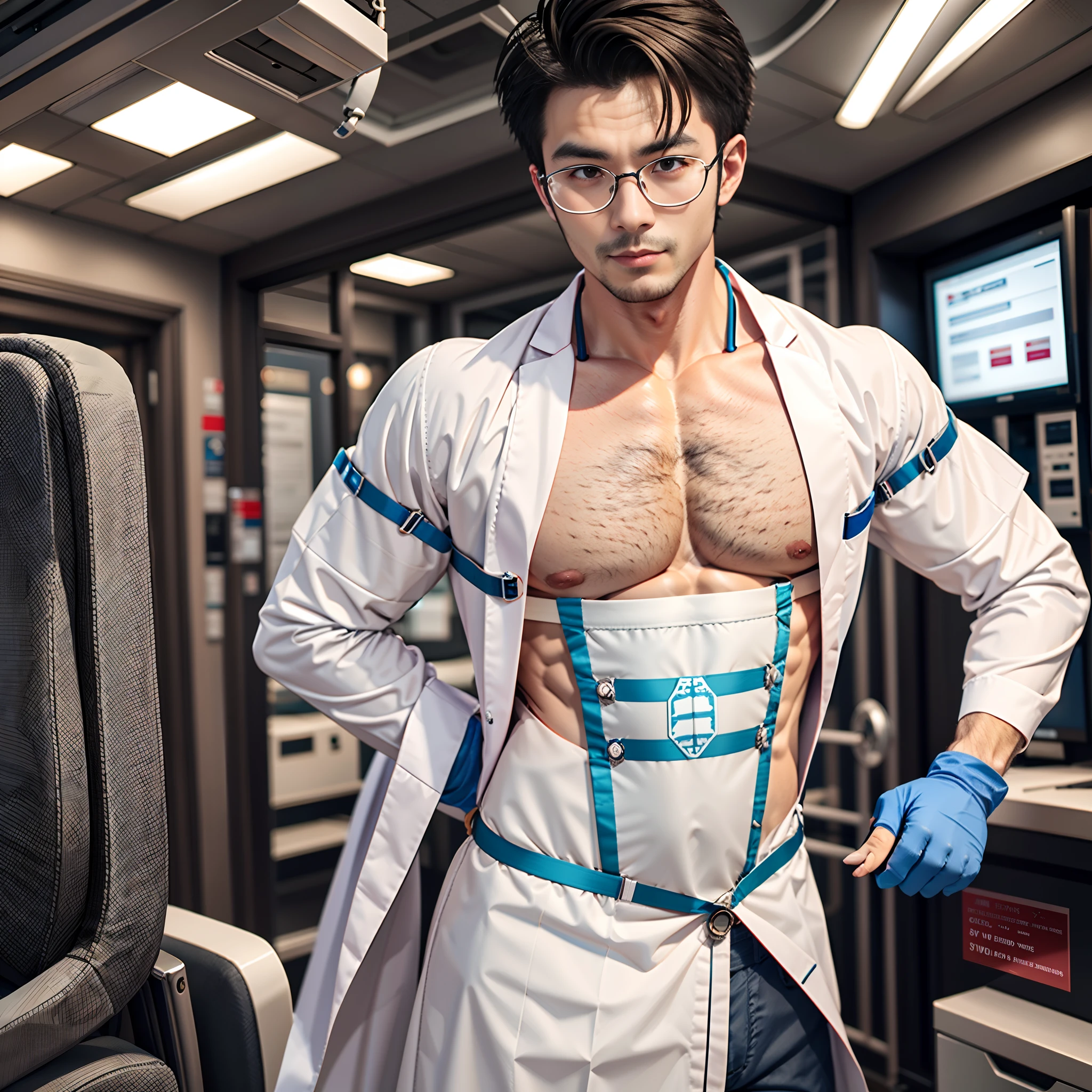 Male doctor;musculature;eye glass;surgery;Chinese big breasts