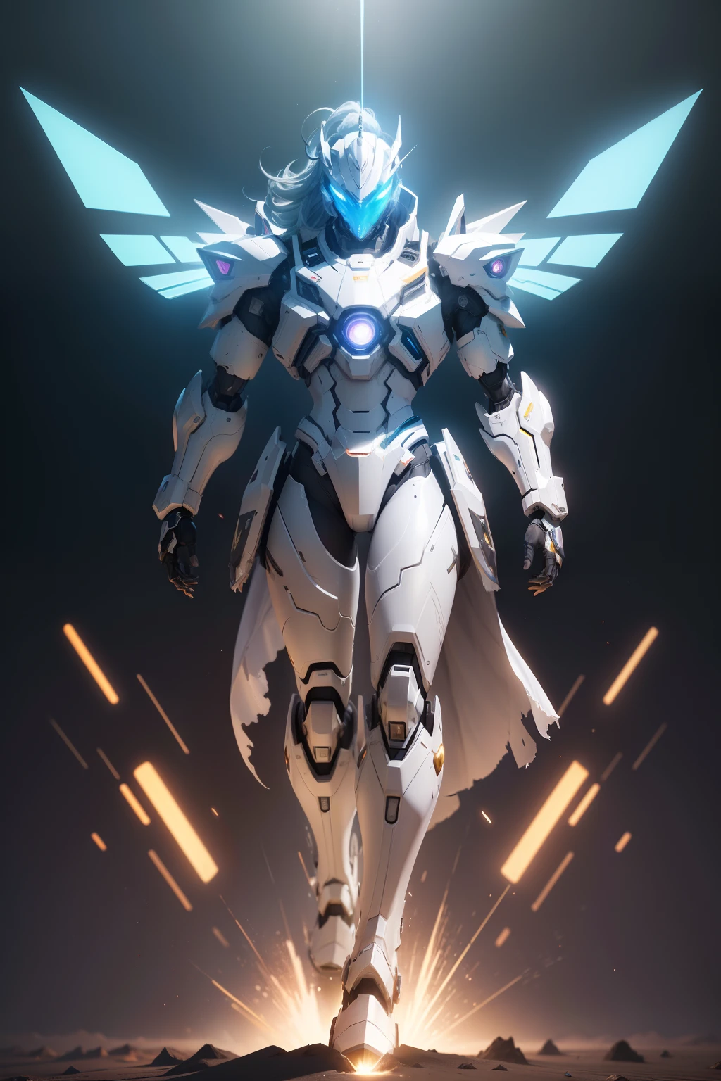 Notice: Create a digital masterpiece of a male robot in stunning unicorn-inspired armor. The armor should be predominantly white with blue and gold accents. The mecha should be in a dynamic flight pose, swooping out of space towards the viewer. It should have glowing eyes and huge mecha wings that emit a soft, ethereal light. The background should show a panoramic view of Earth, a nebula, and the vastness of space with vibrant particles and colors. Lighting should use two-tone lighting techniques, with an emphasis on a large aperture, low ISO, and proper white balance. The composition must follow the rule of thirds, and the mecha's pose and armor must show perfect proportions. Image must be rendered in RAW 8K using advanced technologies such as HDR, Ray Tracing, NVIDIA RTX, Super Resolution, Unreal 5, Subsurface Scattering, PBR Texturing, Post Processing, Anisotropic Filtering, Depth of Field, Maximum Clarity and Clarity, Multilayer Textures, Maps albedo and specular detection, surface shading, accurate simulation of light-material interaction, and efficient subpixel convolution. The final artwork should encapsulate the essence of the cyberpunk aesthetic while maintaining the beauty and elegance of the unicorn-inspired design.
