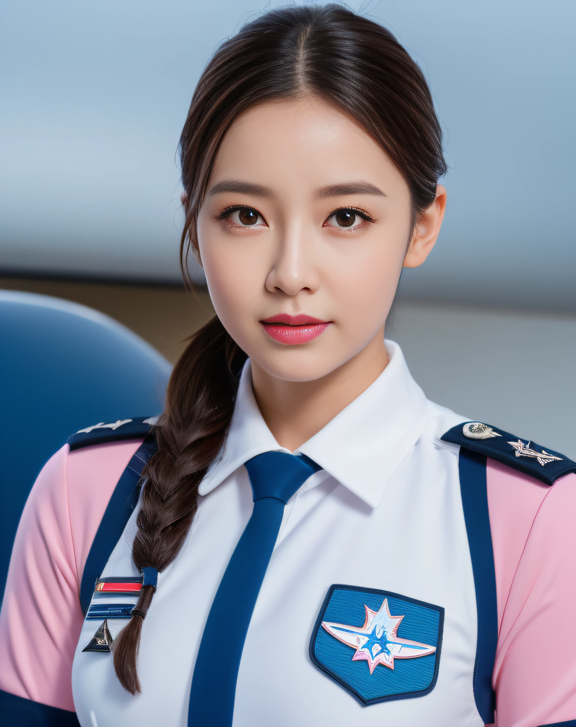 Solo,(8K, Best quality: 1.2), (Masterpiece, Photorealistic: 1.3), Super detail, Anatomically correct, Female aviation pilot in her 20s, pony tails, Pink lipstick, Double-breasted blue uniform