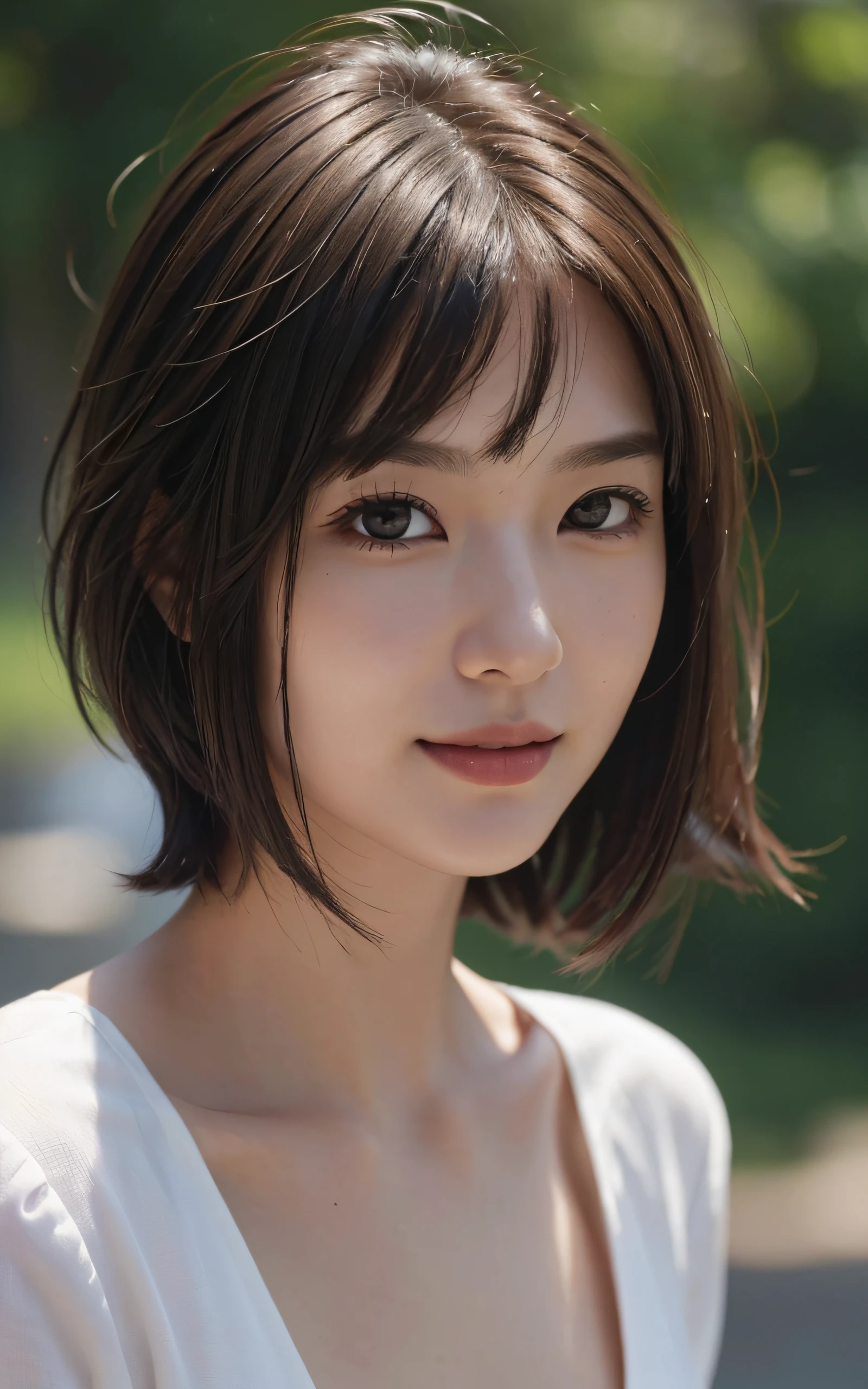(Photo Real:1.4), (hyper realisitic:1.4), (Smooth lighting:1.05), 1 girl, ager, happy, shy, smile, looking away, Close-up of the face, Soft lighting, Back lighting, (Finest Real Textured Skins), Super fine face, glowy skin, retinas, Anatomically correct, (short Hair:1.1), bangs, Textured skin, High quality, high details, Best Quality, High resolution,
