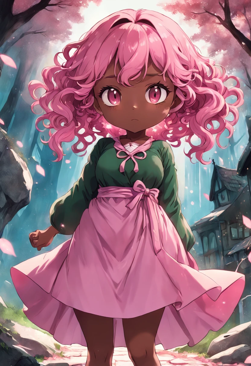 (black) girl, (pink) (curly) (braid) hair, (pink and Green) dress, (chubby) (dwarf) body, (witch) rpg