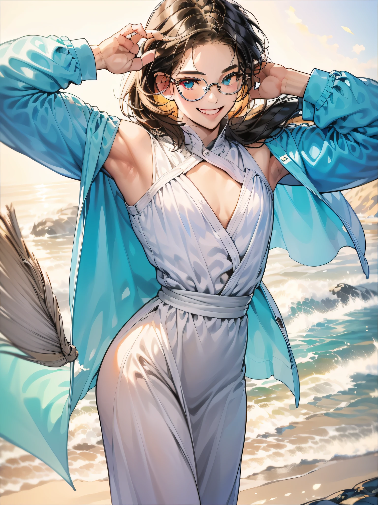 (in 8K、top-quality、​masterpiece:1.2)、1人の女性、(Smiling smile:1.1)、beautidful eyes、Valley、The upper part of the body、length hair、Like a boy、poneyTail、Green View、eye glasses、