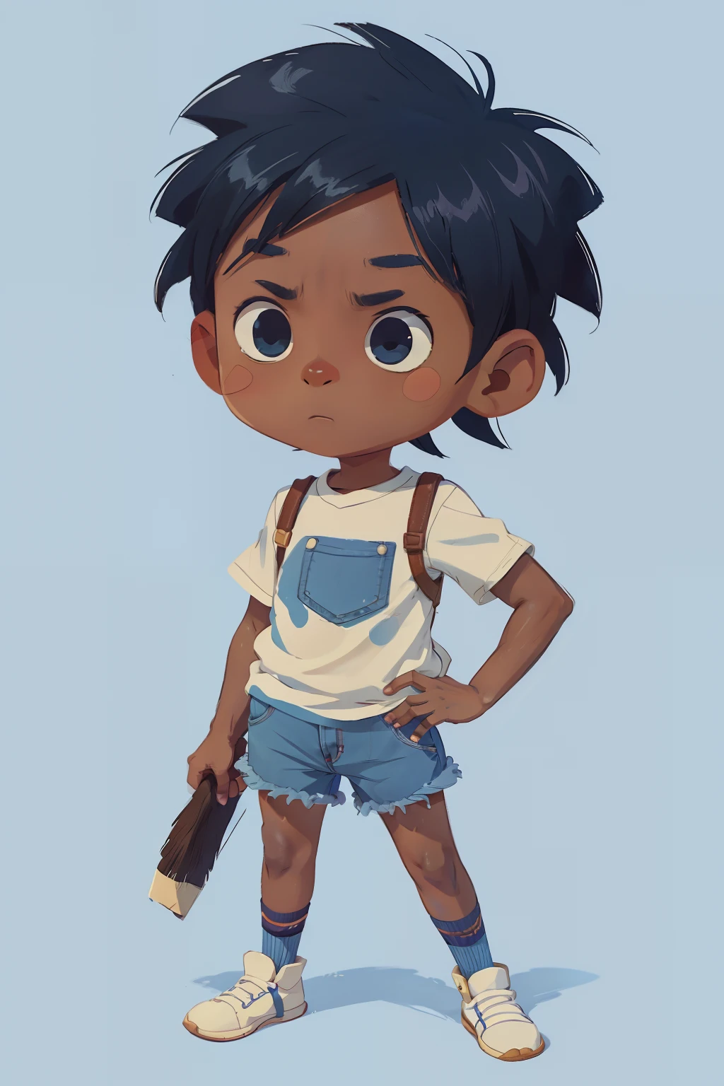 7-year-old boy with dark skin in ghibli style animation, Cartoon, cara motivadora, fazendo poses diferentes, cabelos azuis, camisa branca, denim shorts, fantasia, Realistic animation with well-filled strokes, cores vibrantes e detalhes perfeitos.