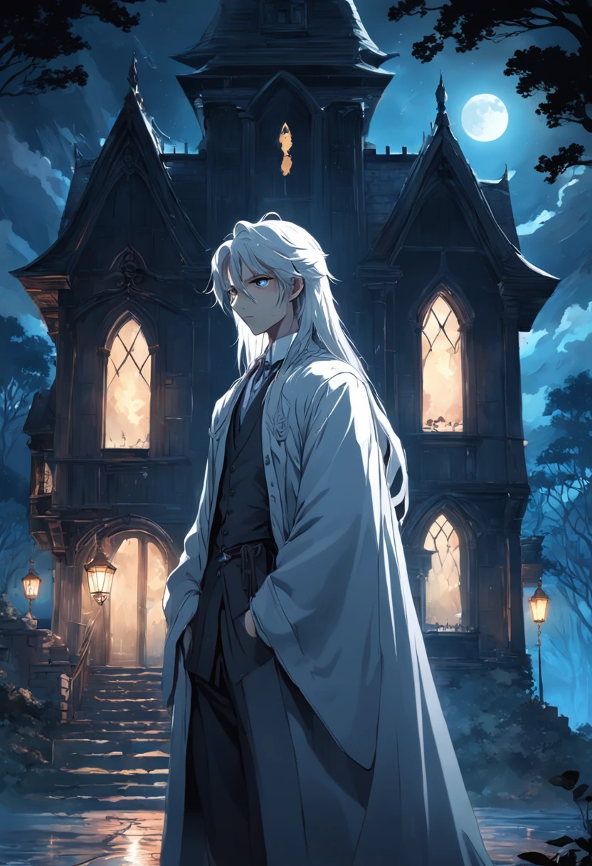 darkly, The old Victorian house stands alone in the moonlight,The color is bright，dark night background，Men around 12 years old，White color hair，Light blue eyes，long white robe，Castle at the back，Harry Potter style wizard，Tender，apathy，frontage，The is very detailed