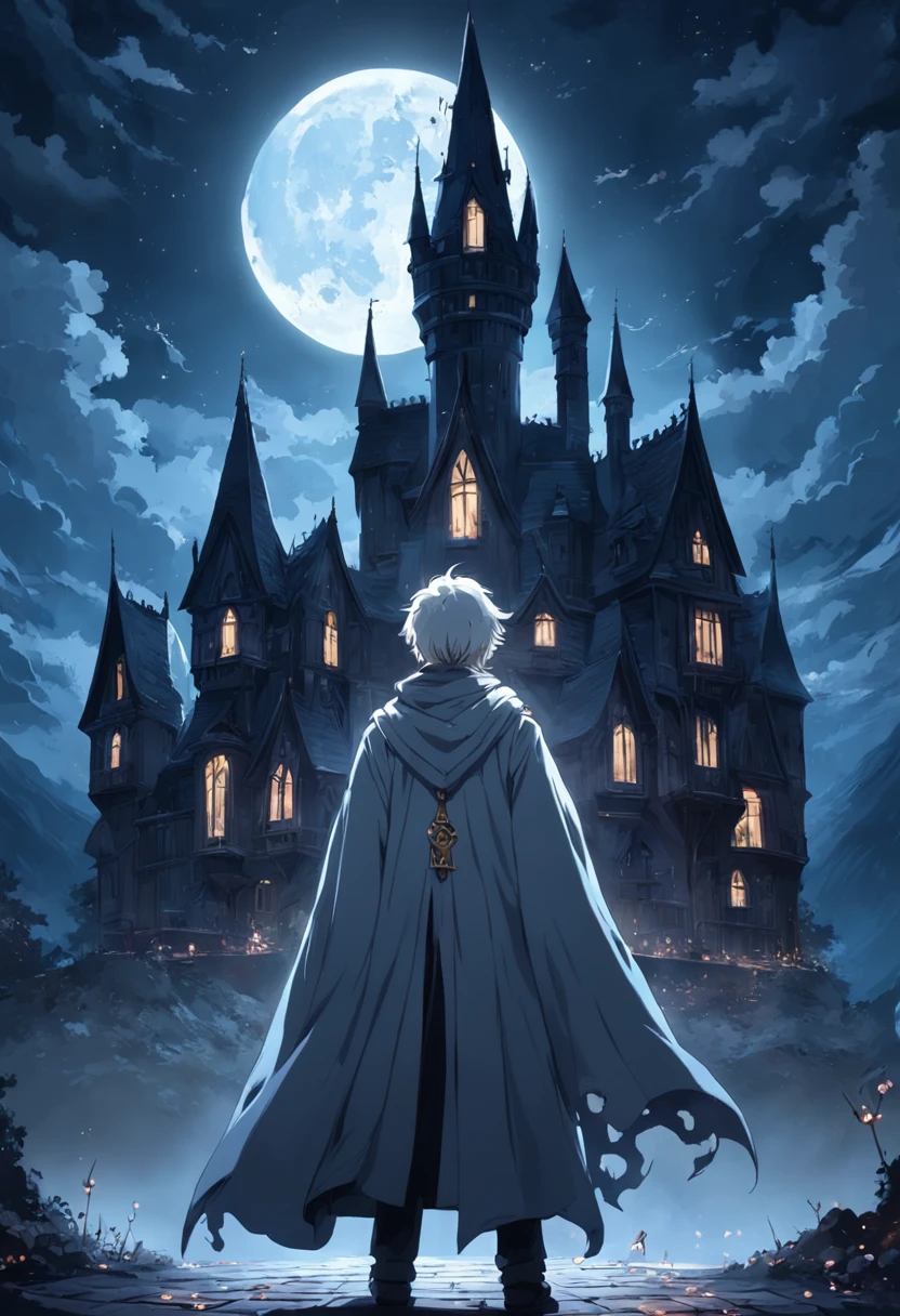 darkly, The old Victorian house stands alone in the moonlight,The color is bright,dark night background,Men around 12 years old,White color hair,Light blue eyes,long white robe,Castle at the back,Harry Potter style wizard,Tender,apathy,frontage,The is very detailed