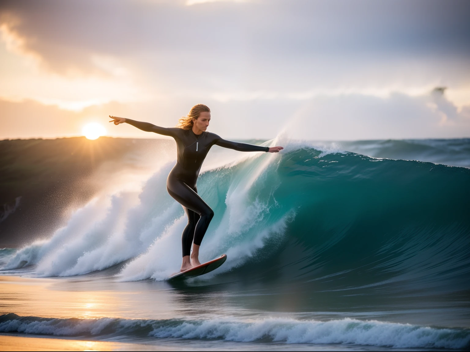 "Bioluminescent Serenity" - Sally Mann, Edward Weston, cinematic photo, beach, wetsuit, neon material, bioluminescent algae, surfboard, holographic waves, 35mm photograph, bokeh, professional, 4k, highly detailed, luminous, tranquil, intimate, enchanting, natural beauty, poetic.