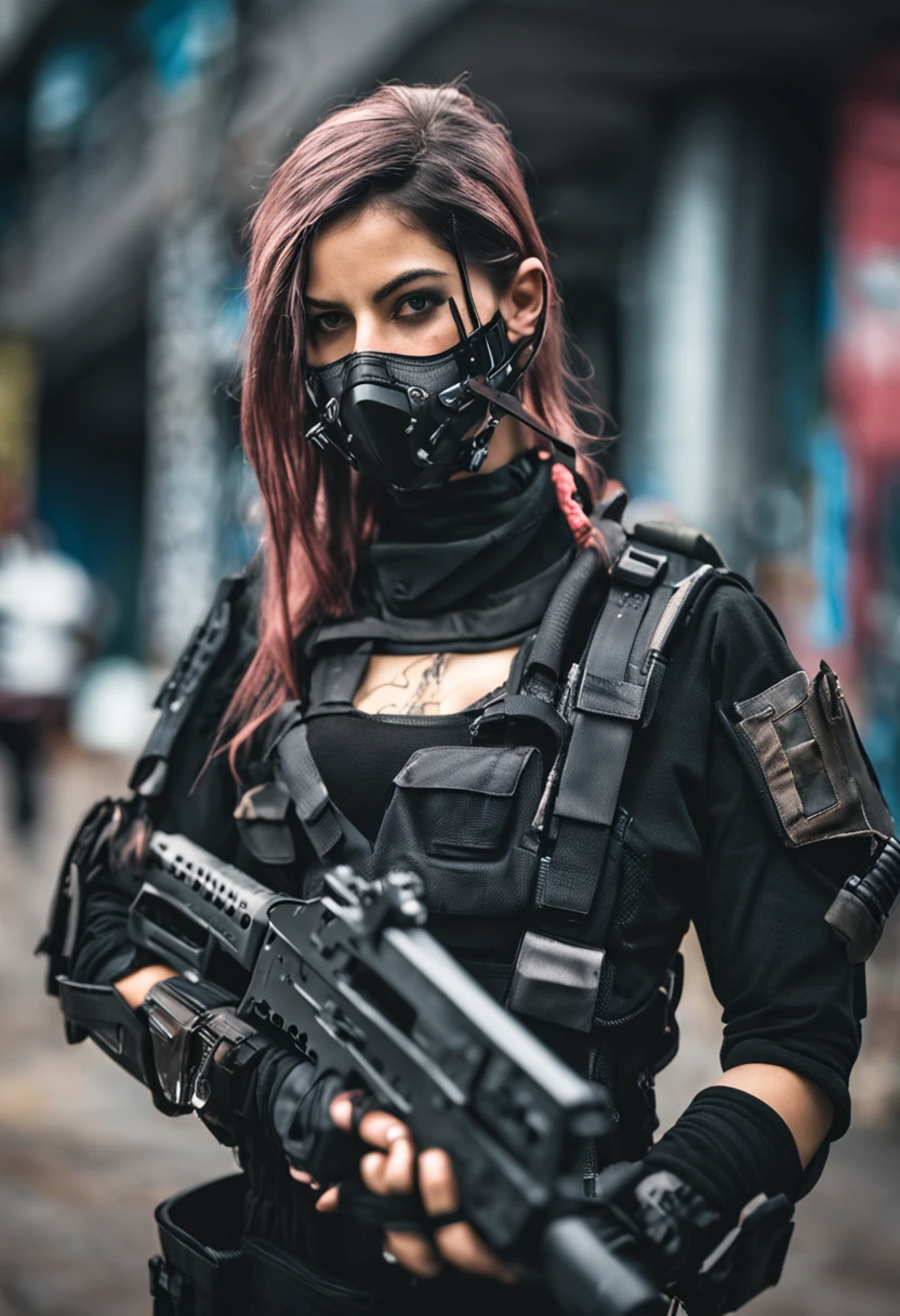 um close up de uma pessoa em um top preto e algumas armas, Fotografia de uma mulher techwear, cargo pants. CIDADE CYBERPUNK, soldado mecanizado, usando top preto e armaduras, roupa cyberpunk, Post-apocalyptic vibrations, Todas as roupas pretas cyberpunk, roupa estilo cyberpunk, cyberpunk feminino, Garota cyberpunk, In a post-apocalyptic setting, cyberpunk zangada deusa lind