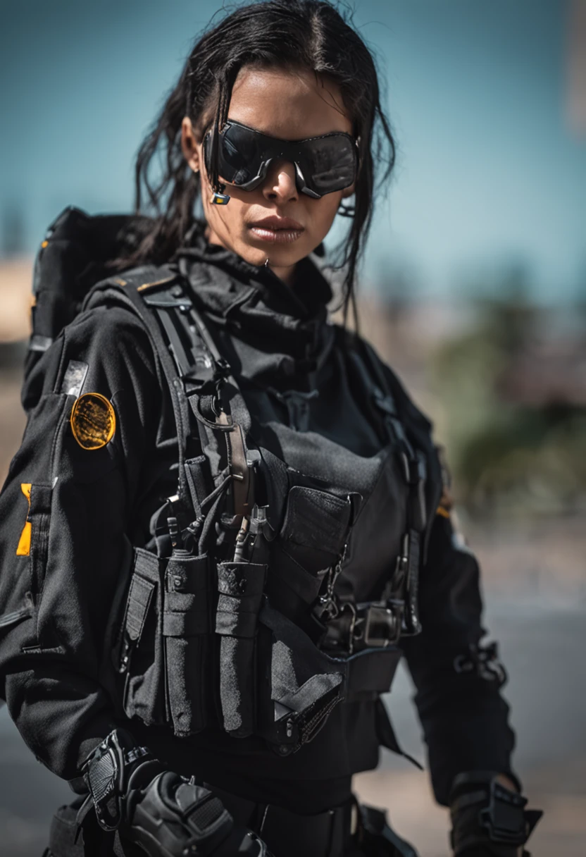 um close up de uma pessoa em um top preto e algumas armas, Fotografia de uma mulher techwear, cargo pants. CIDADE CYBERPUNK, soldado mecanizado, usando top preto e armaduras, roupa cyberpunk, Post-apocalyptic vibrations, Todas as roupas pretas cyberpunk, roupa estilo cyberpunk, cyberpunk feminino, Garota cyberpunk, In a post-apocalyptic setting, cyberpunk zangada deusa lind