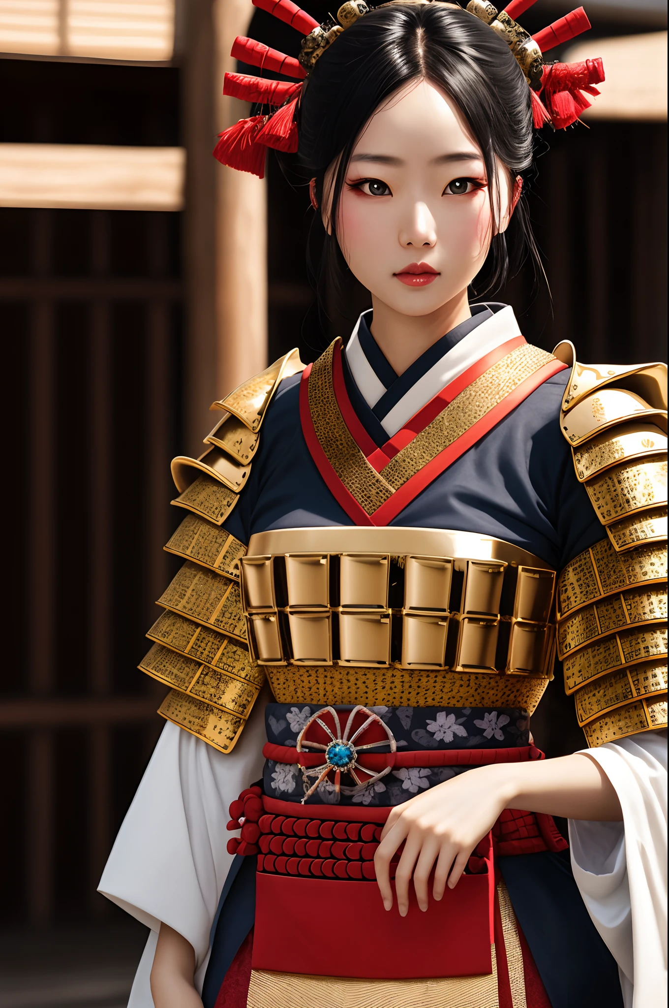 a beautiful girl in intricate (samurai armor:1. 1), 3/4 portarait, highly detailed, ultra-realistic, close up, pores, patterns, gold, shiny, cinematic lighting, 35mm f1. 4, fuji color film