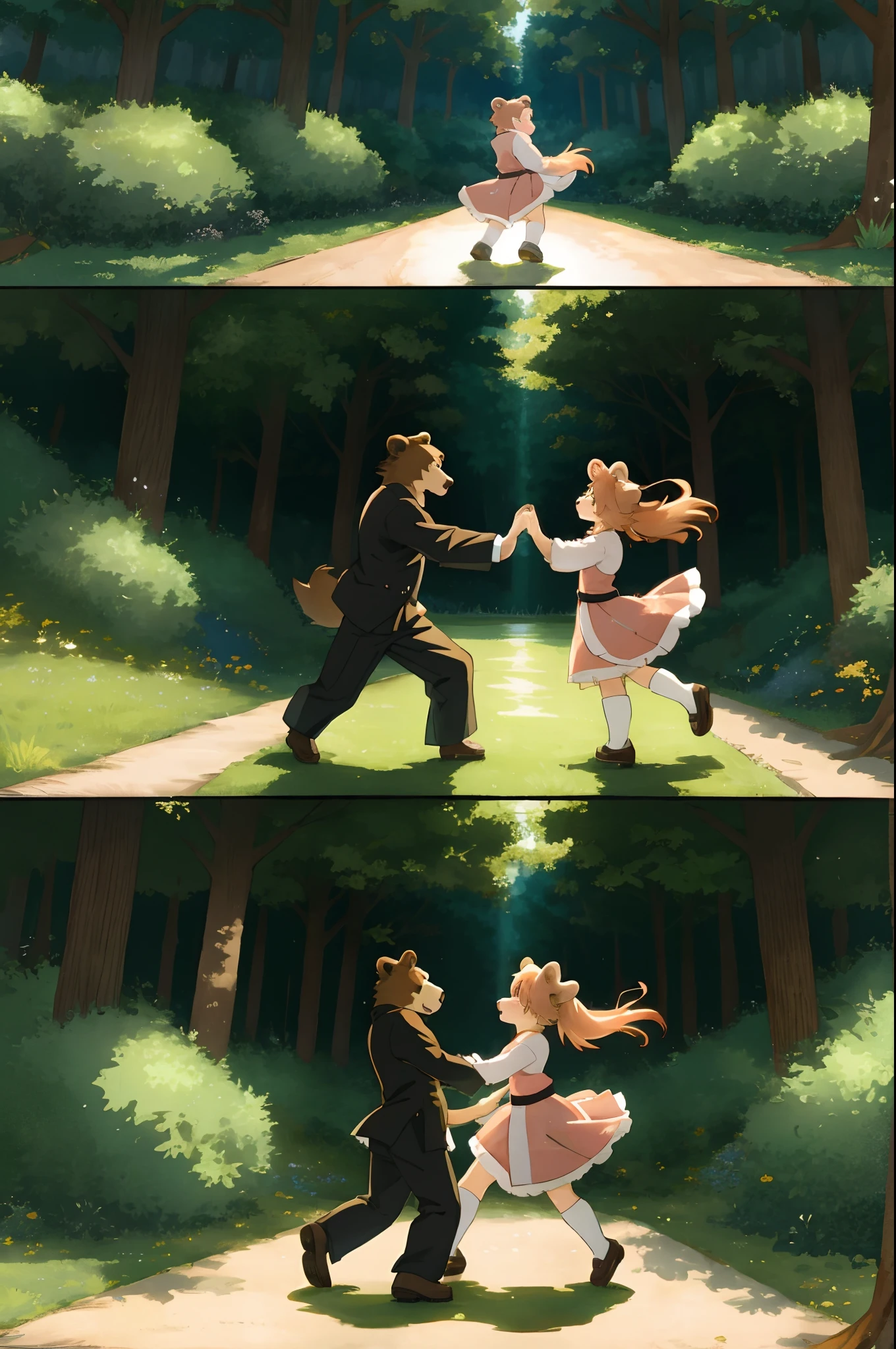 top quality, best quality, highres, masterpiece, super high resolution, detailed background, forest(super cute 1girl, bear, pair)singing, dancing, waltz, absurdres(highly detailed beautiful face and eyes)perfect anatomy, good lighting, cinematic shadow(kemono, furry anthro)assorted expressions, assorted poses, assorted angles, full body, upper shot, dynamic angle, sosaku hanga, manga page, doujin, ddlc, anime, manga panel, zerochan,