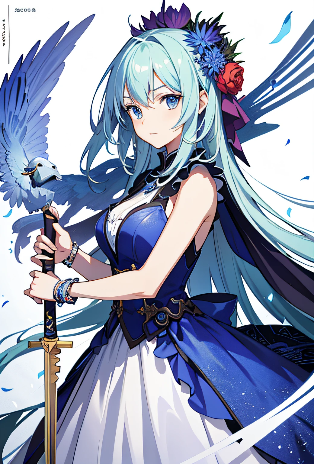 A woman in a dress holds a sword and a sword, high detailed official artwork, Detailed key anime art, Official anime artwork, Detailed anime artwork, An anime cover, clean and meticulous anime art, Official artwork, Anime fantasy artwork, full art, Beautiful anime artwork, detailed anime art, light novel cover art, Anime fantasy illustration, Anime epic artwork, offcial art, Anime artwork