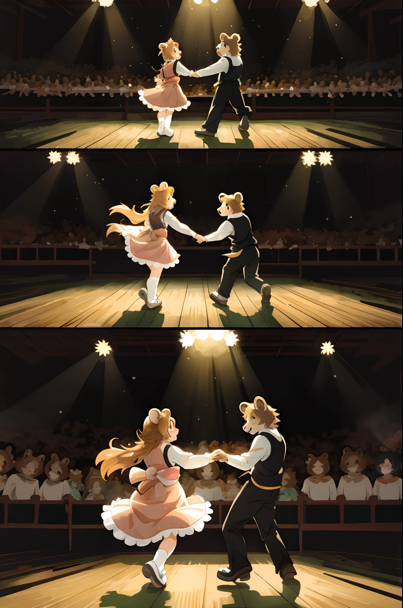 top quality, best quality, highres, masterpiece, super high resolution, detailed background, forest(super cute 1girl, bear, pair)singing, dancing, waltz, absurdres(highly detailed beautiful face and eyes)perfect ???????, good lighting, cinematic shadow(kemono, furry anthro)assorted expressions, assorted poses, assorted angles, full body, upper shot, dynamic angle, sosaku hanga, manga page, doujin, ddlc, anime, manga panel, zerochan,