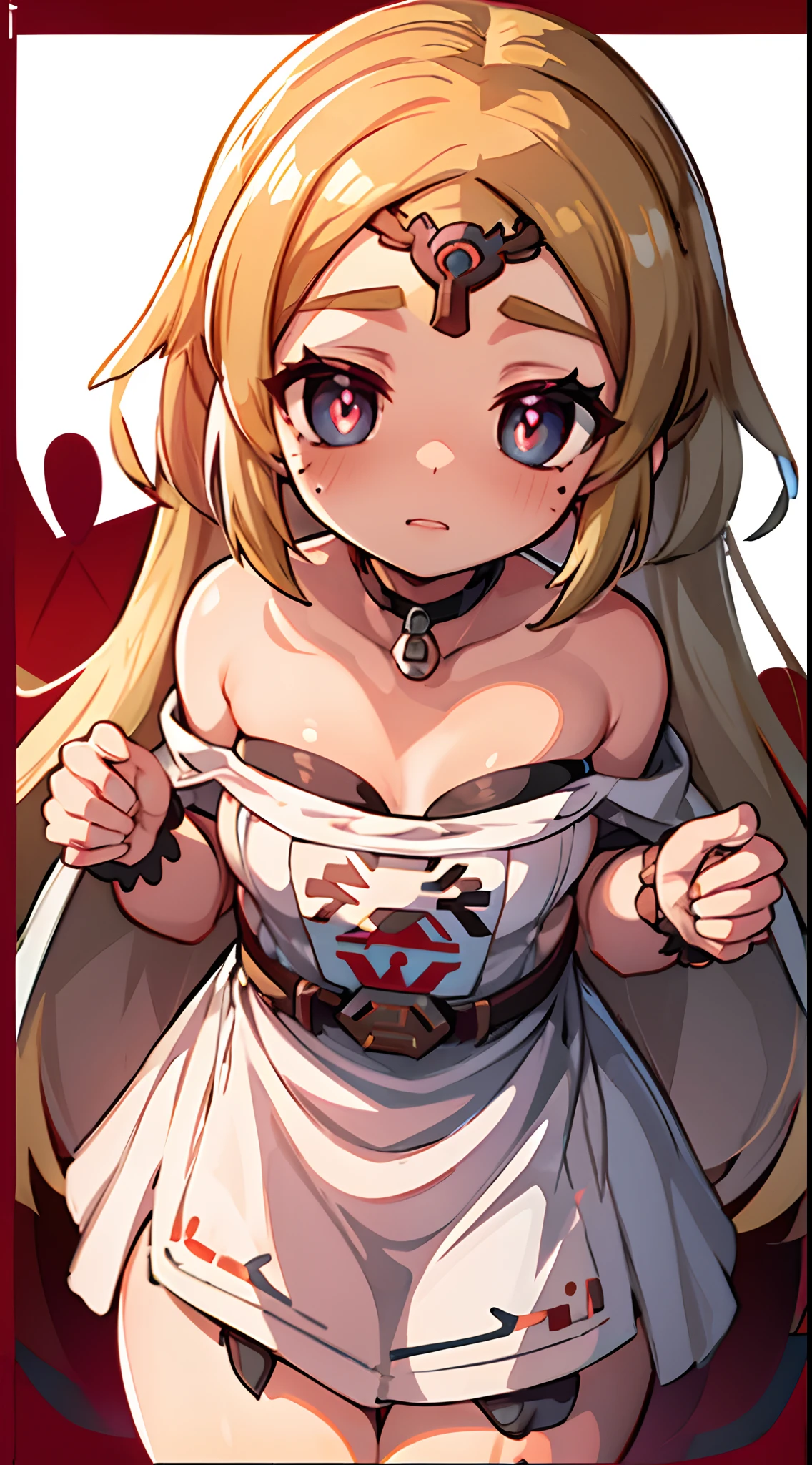 zelda,(A white border around a red rectangular background：2.5),aprons，D-cups，High detail,ahegao face,Moles under eyes, Heart-shaped pupils，Love pupils，Lots of hearts，Fleshy thighs,highly rendered，detailed face with