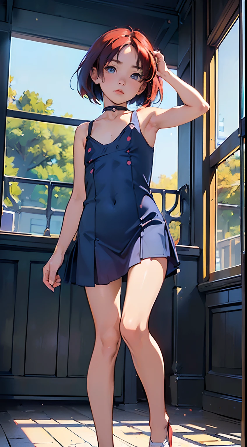 (masterpiece, 4k ,ultra detailed:1.2),(beautiful face:1.2),(anime:1.2),illustration,(solo:1.2),(looking at viewer:1.4),portrait,(supermodel:1.3),(blue school uniform:1.3),(red hair),yo,(simple choker:1.1),(yellow panties),(string,abs,smartphone,chmall breasts,petite:1.1),(sfw,nipple,flat chest,un dress,:1.4),(from below),(full body:1.2)