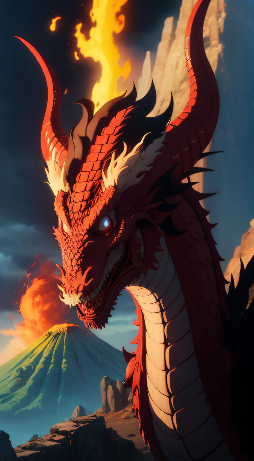 Western dragon red dragon head volcano background