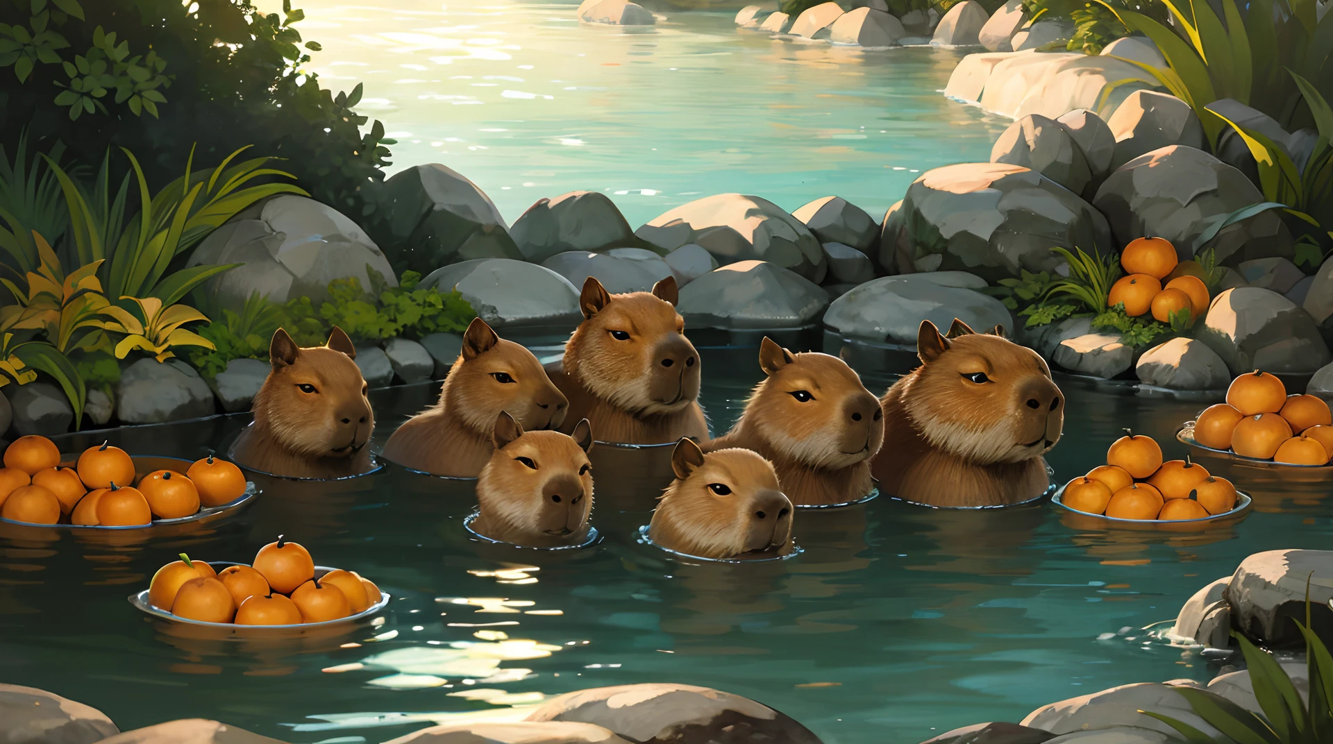 no humans, capybara, multiple capybara, baby capybara, wood barrel, weat wood, japanese nature, thermal pool, hot springs, natural thermal pool, natural hot springs,  japanese thermal pool, japanese hot springs, oranges, oranges floating in water, orangein head, cute, high detail, (masterpiece, best quality), intricate details, high detail, detailed skin texture, (goosebumps:0.3), subsurface scattering, vibrant colors,