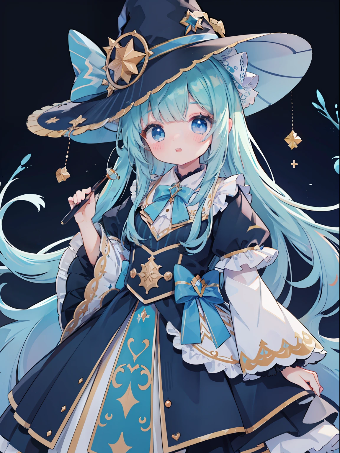 extremely detailed CG unified 8k wallpaper, very fine 8KCG wallpaper, absurderes，Lori ，Best Quality ，ultra-detailliert ，Beautiful face  ，​masterpiece、​masterpiece、Top image quality、top-quality、lightblue hair、Light blue witch costume、witch's hat、Light blue face、Two-side-up、Light blue eyes、cute little