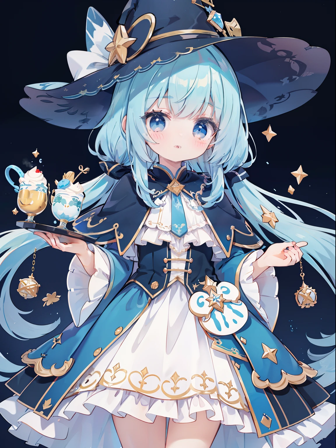 extremely detailed CG unified 8k wallpaper, very fine 8KCG wallpaper, absurderes,Lori ,Best Quality ,ultra-detailliert ,Beautiful face ,masterpiece、masterpiece、Top image quality、top-quality、lightblue hair、Light blue witch costume、witch's hat、Light blue face、Two-side-up、Light blue eyes、cute little