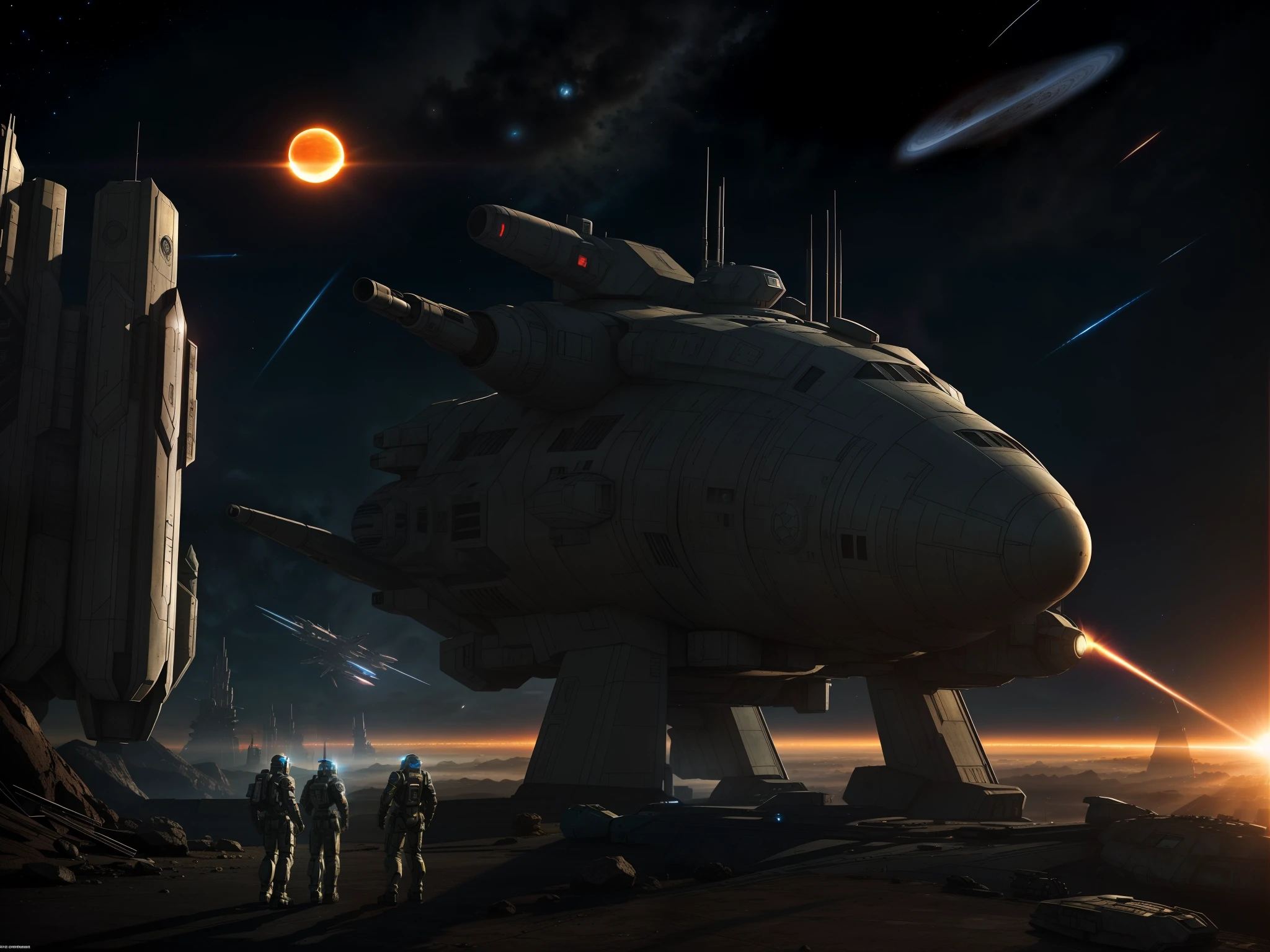 High definition high quality sci-fi cyberpunk，It's huge，Space battleship，Strong metallic feel，There is the sun and the earth