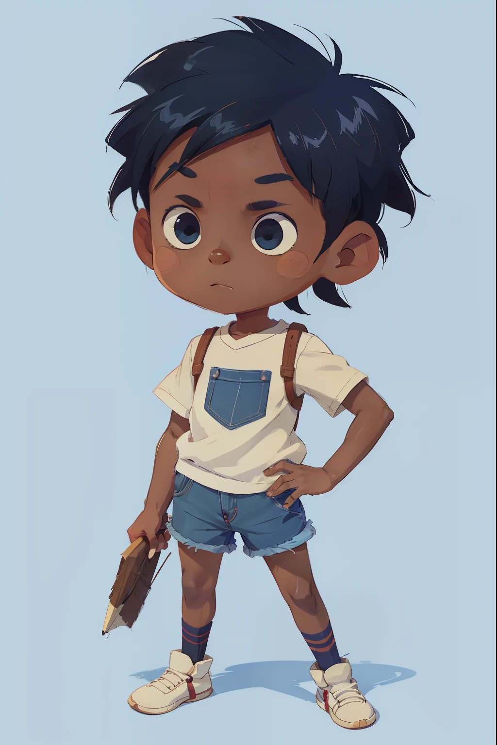 7-year-old boy with dark skin in ghibli style animation, Cartoon, cara motivadora, fazendo poses diferentes, cabelos azuis, camisa branca, denim shorts, fantasia, Realistic animation with well-filled strokes, cores vibrantes e detalhes perfeitos.