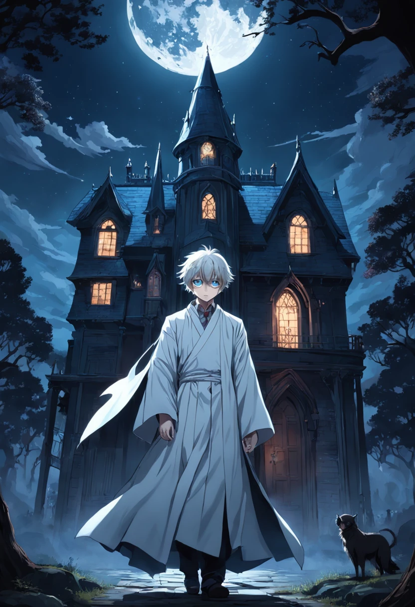 darkly, The old Victorian house stands alone in the moonlight,The color is bright,dark night background,Men around ,White color hair,Light blue eyes,long white robe,Castle at the back,Harry Potter style wizard,Tender,apathy
