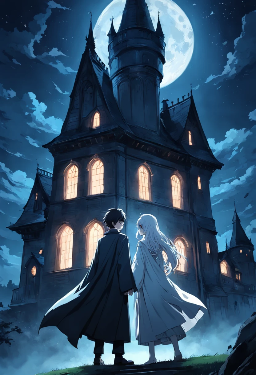 darkly, The old Victorian house stands alone in the moonlight,The color is bright，dark night background，Men around 12 years old，White color hair，Light blue eyes，long white robe，Castle at the back，Harry Potter style wizard，Tender，apathy