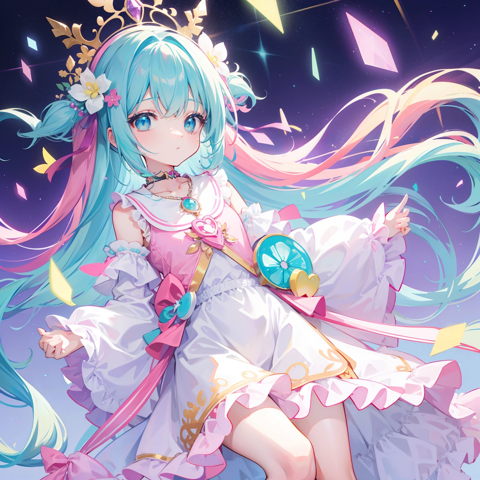 Colorful light background,long whitr hair,Has a bright pinkish-purple transparent gum texture,In pink、Wear yours with blue and white,yellow and greens,Cyan matching accessories pendant decoration,This is a very sweet and sweet li girl