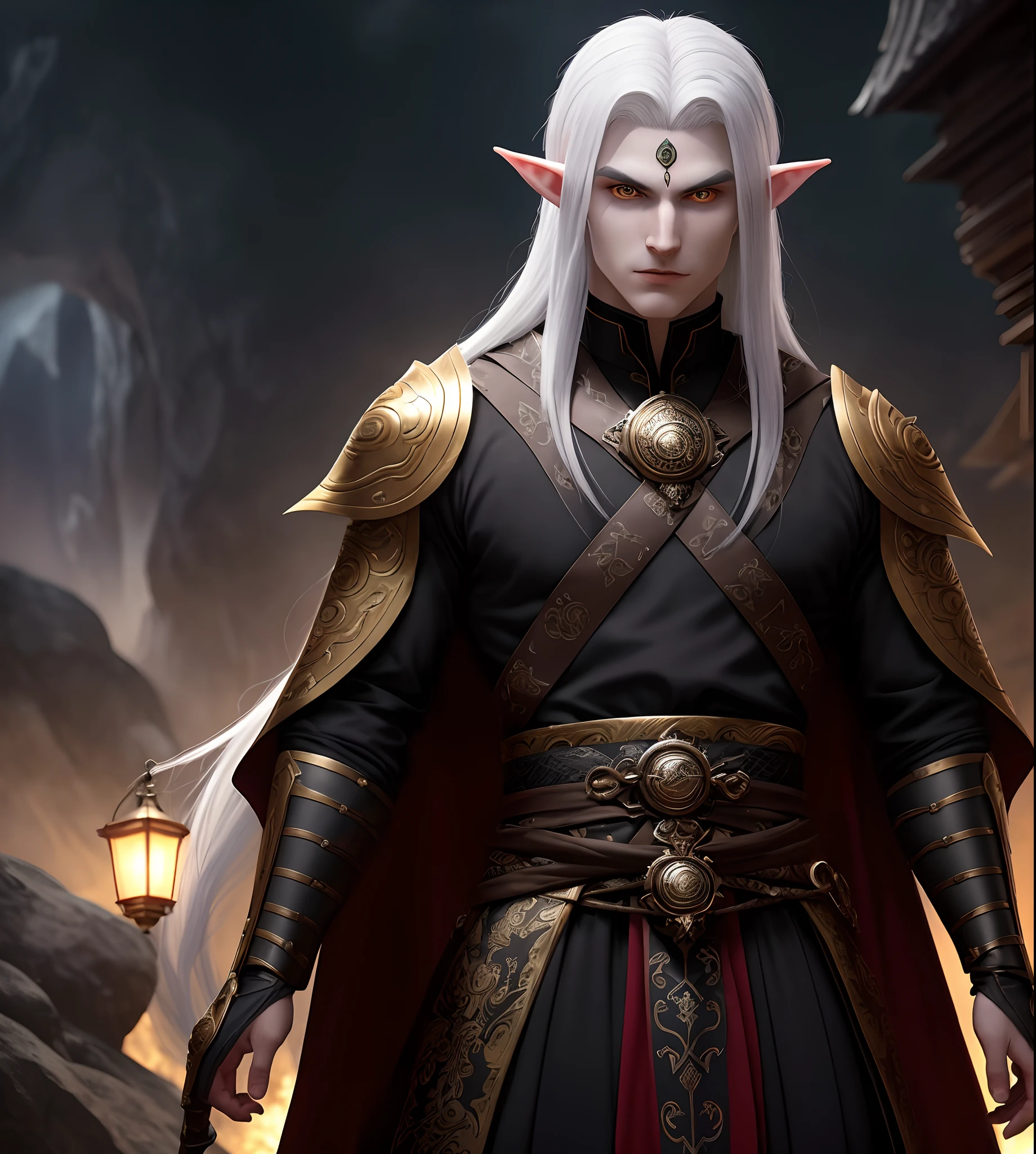 Give this masterpiece much more detail "Enhance your imagination and create an extremely detailed Orochimaru male elf with the highest quality Unity CG in 8K, magnified by exceptional lighting and spectacular shadows. Add a touch of mystery to your character, accompanied by a background that evokes a mystical and magical atmosphere. (master part), of the highest quality, ultra-precise details, (majestoso Cabo Imperial Preto de Qualidade Excepcional), feito de materiais nobres, drapeado em uma silhoutte real, Golden lights illuminate the user's face and the mysterious environment in which he finds himself. A detailed work of art of the highest possible quality, with an incredibly high resolution for sublime rendering. (Homem Diabo Orochimaru:0.8) (s--2000:0.8) gerar uma imagem de um assassino elfo masculino escuro chamado Sylrath Nightshade. (beleza cativante e intimidadora: 1.2), (pale skin: 1.1).