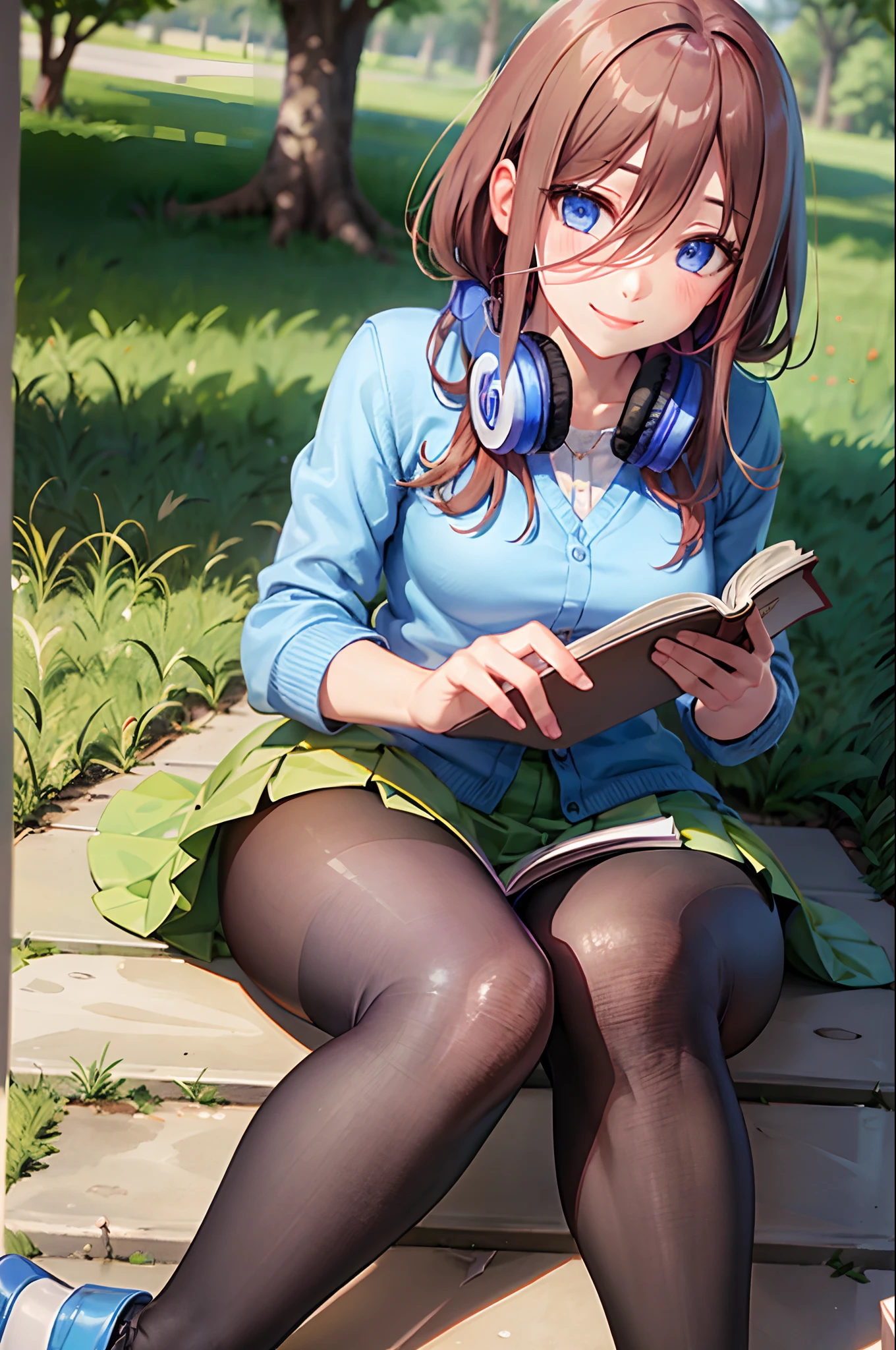 best quality, masterpiece, nice hands, perfect hands,  Miku, smile,medium  breasts, Blue Cardigan, sitting under a tree, reading a book, detailed skin texture, (blush:0.5), (goosebumps:0.5), subsurface scattering,cross leg,medium thighs ,black tights