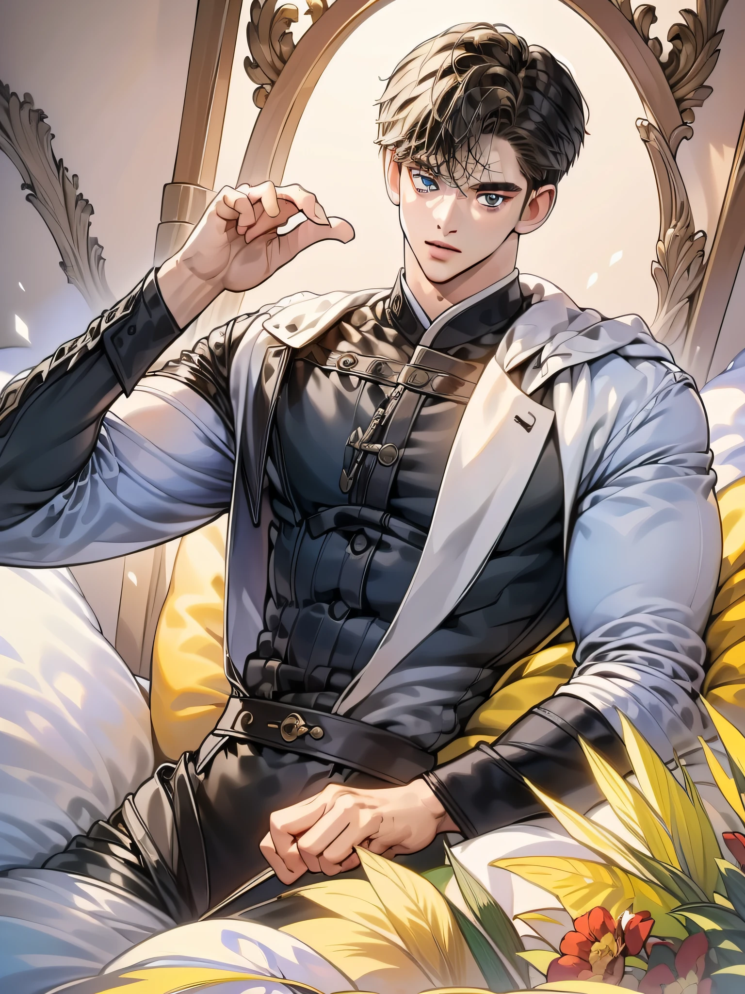 (in 8K、top-quality、masterpiece:1.2)、1 boy、short-haired、Hair short、Brown-skinned、Blue View、