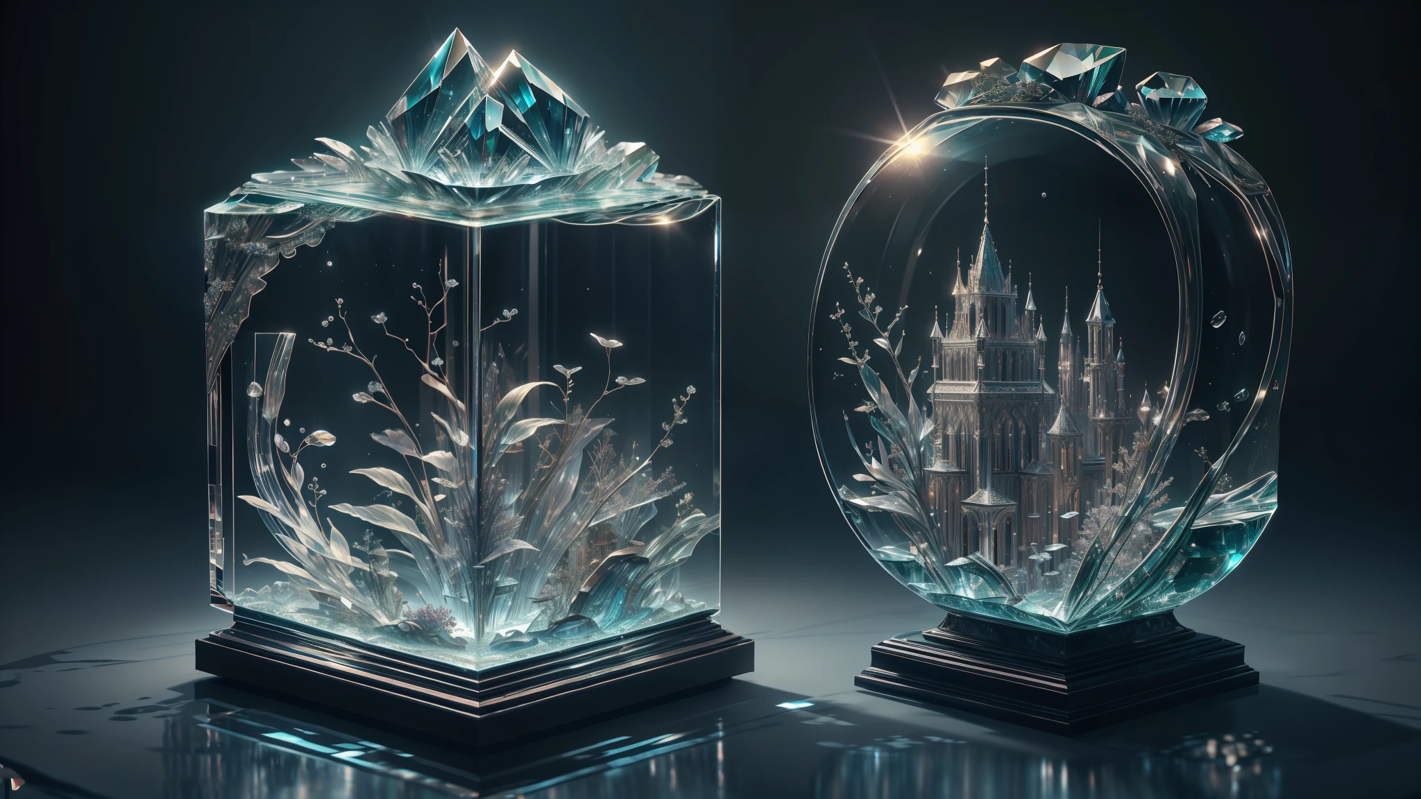A masterpiece of crystal sculpture, There are natural plants inside, Ornamental fish, water, splendor, fanciful, high high quality, high detal, best qualityer, RTX, 4K, 8K,