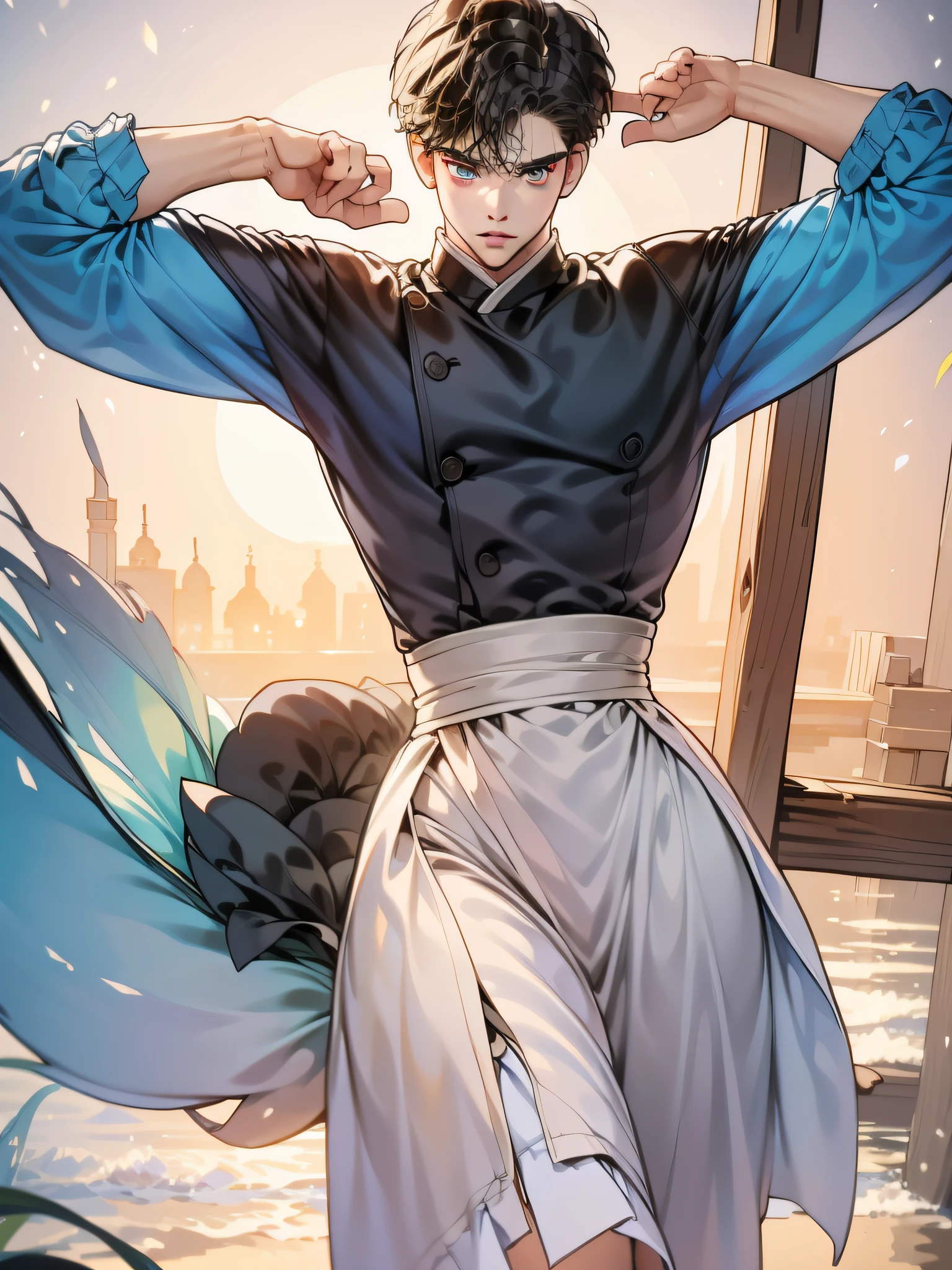 (in 8K、top-quality、masterpiece:1.2)、1 boy、short-haired、Hair short、Brown-skinned、Blue View、