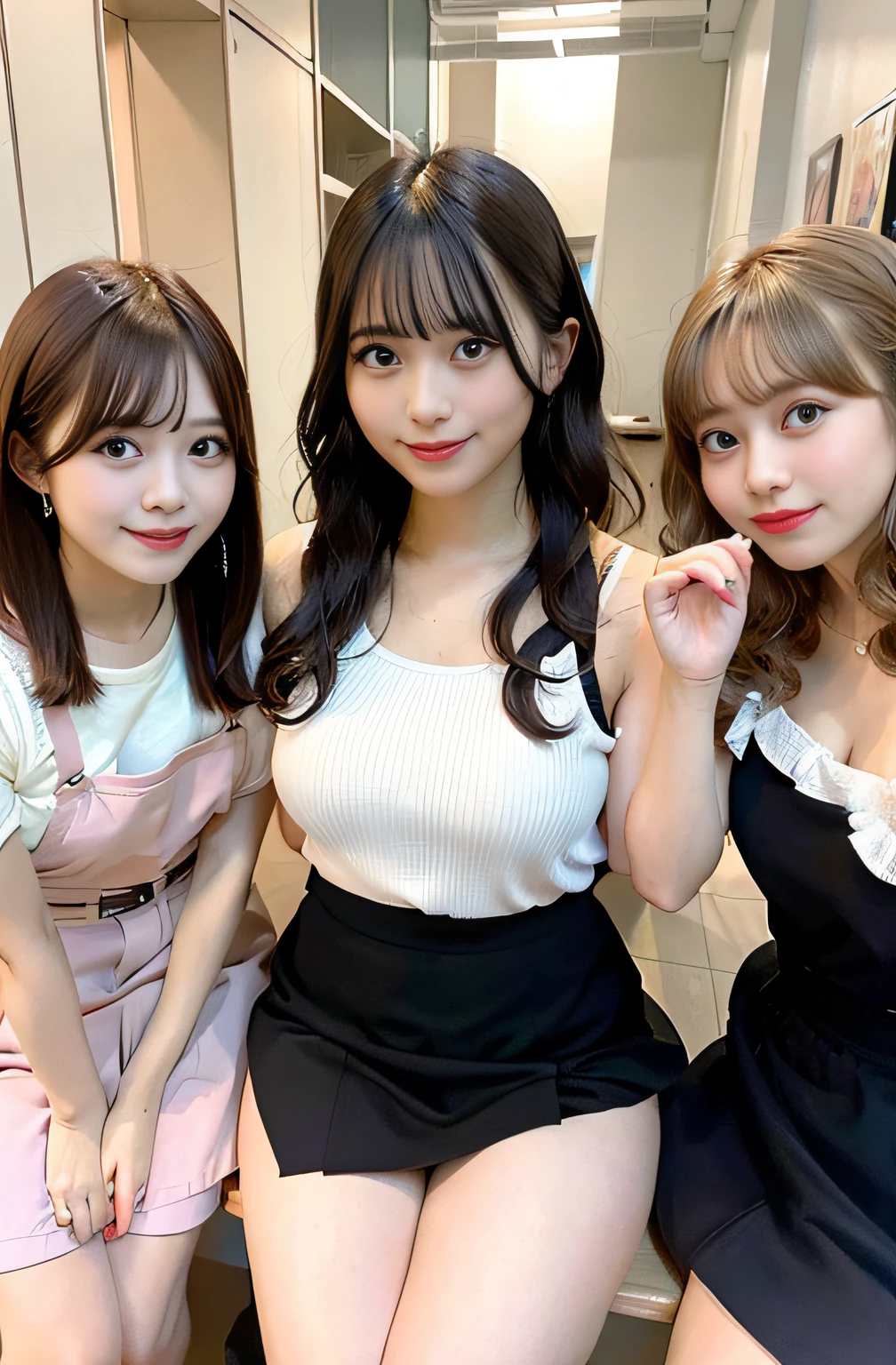 masterpiece, Better Quality, hight resolution, Three girls side by side、harems、One is a short bob、One is curly hair、Naked apron、Dye your hair、a blond、a short skirt、Pink camisole、Waki、Navel、full body Esbian、the kiss、Curly hair, A smile,happily face,,(huge-breasted:1.1)、thighs thighs thighs thighs、