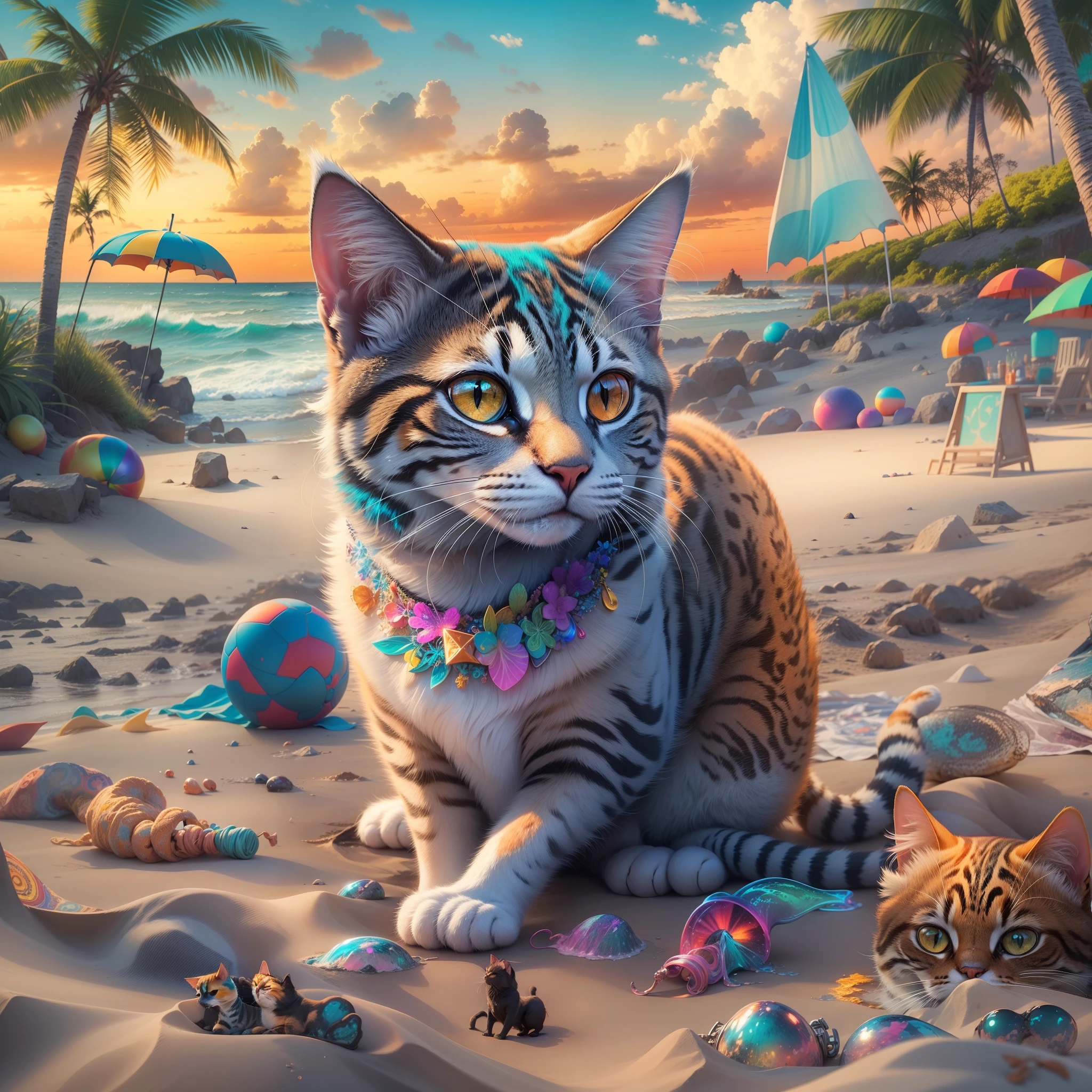 cat on the beach, Psychedelic, Psychedelia, Psychedelica, 1080p, Full-HD, Realism, 16k, super resolution