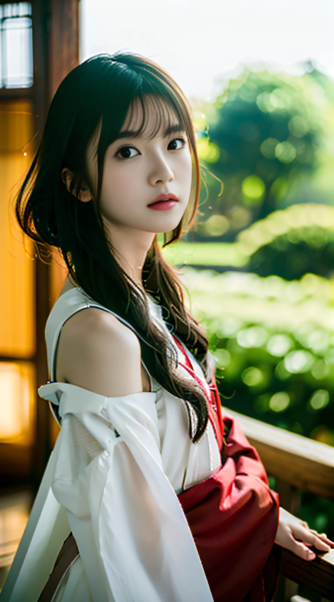 film portrait photography, 15 girls,Saito Asuka, exposed bare shoulders, Wavy shoulder-length hair,Ming dynasty gorgeous red long-sleeved Hanfu, peacful, (Realistic detailed eyes, Natural skin texture, Realistic facial details), Soft dramatic lighting, depth of fields, Bokeh, vibrant detail, finedetail, hyper realisitc, 35mm film, Hazy and blurry, cinematic ligh,Petite