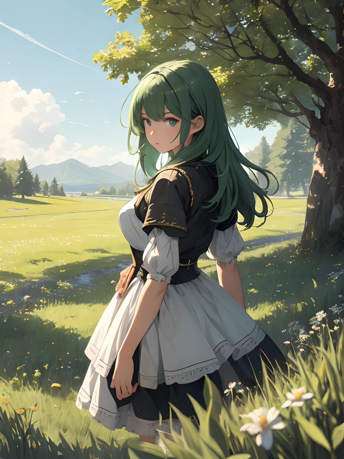 In a green meadow stands a girl leading a group of knights.
BREAK
With a brave expression, she guides them towards their destination.
BREAK
Behind her, a green forest stretches out and beyond that, mountains rise in the distance.
BREAK
The most suitable effect for this scene would be a watercolor painting technique to capture the softness of the meadow and the fluidity of the movement.