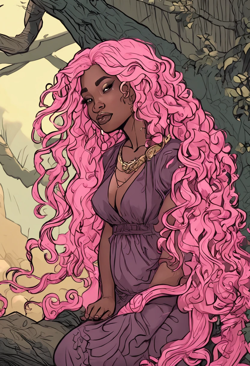 (black) girl, (pink) (curly) (braid) hair, (pink and Green) dress, (chubby) (dwarf) body, (witch) rpg
